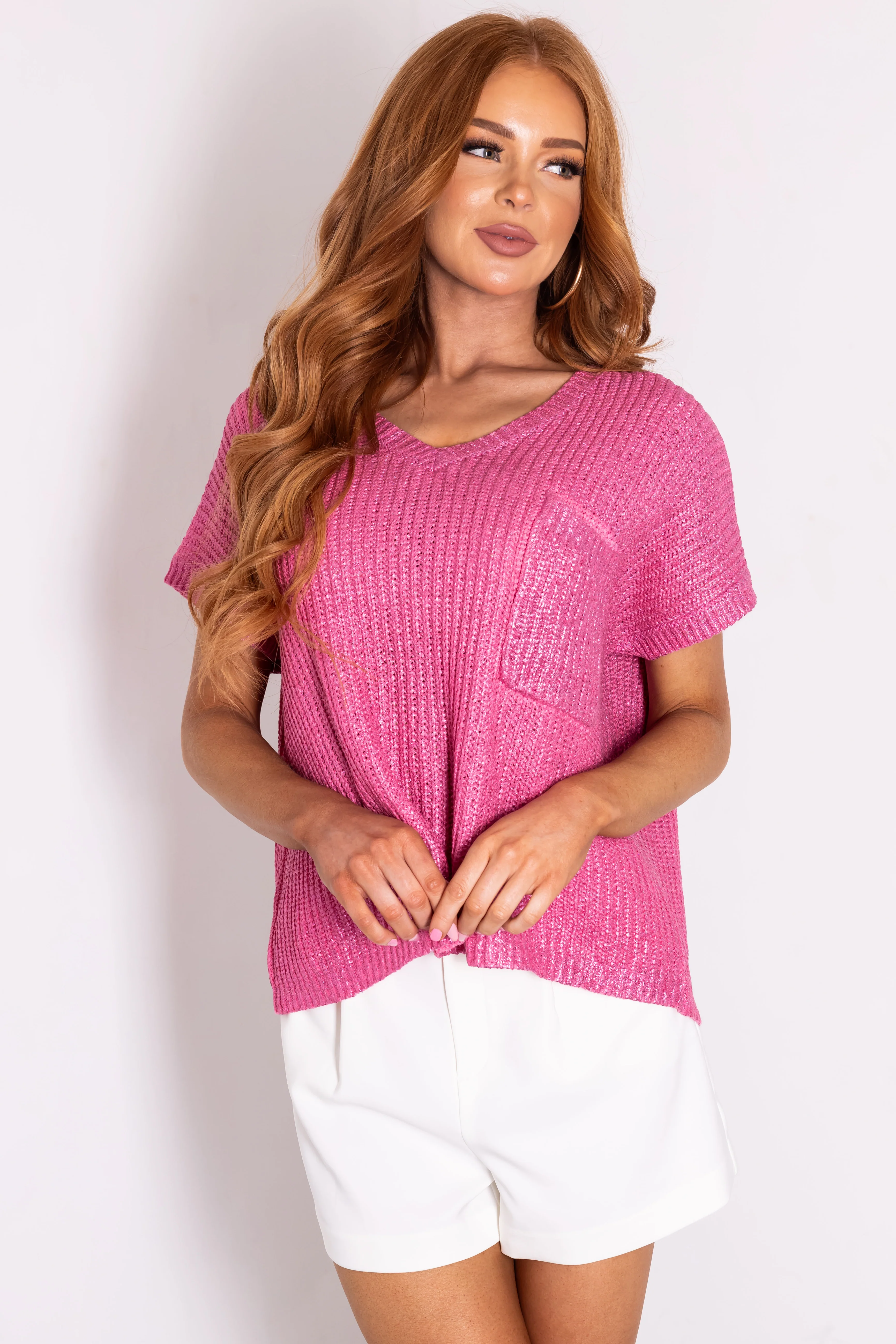 She+Sky Magenta Metallic Short Sleeve Knit Top - LD SALE