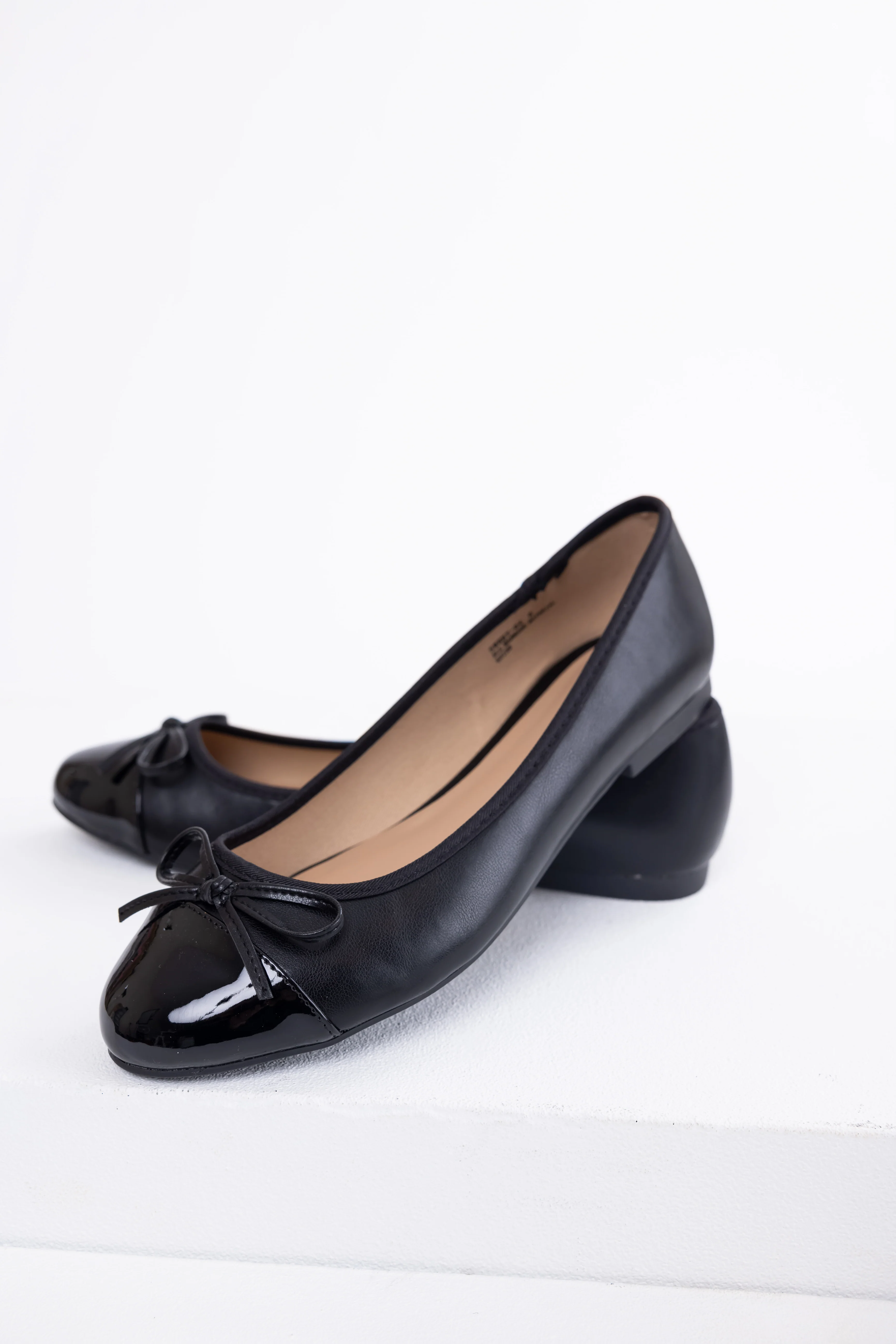 Black Faux Leather Shiny Toe Ballerina Flats - LD SALE