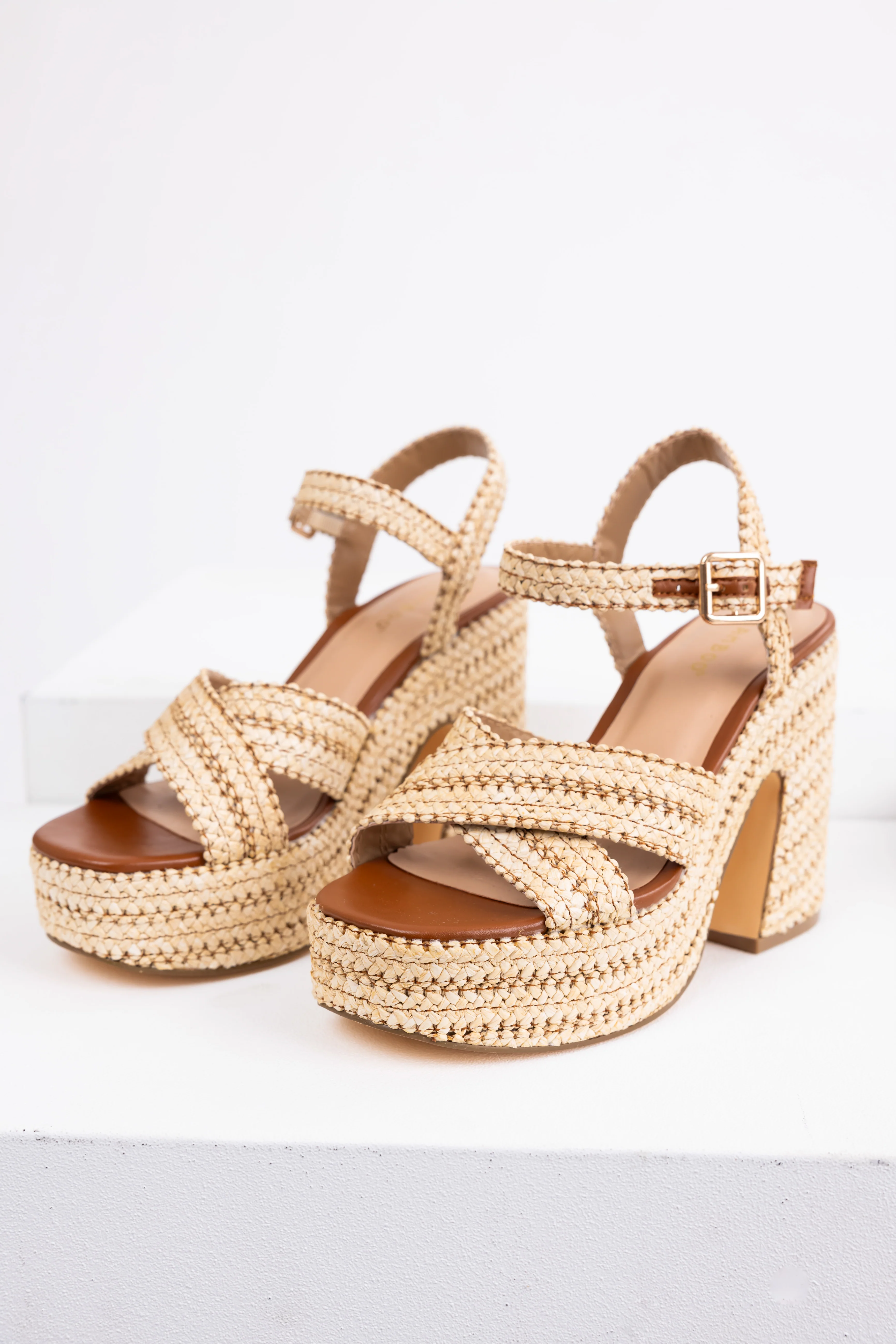 Spice Natural Raffia Cross Strap Platform Heels - LD SALE