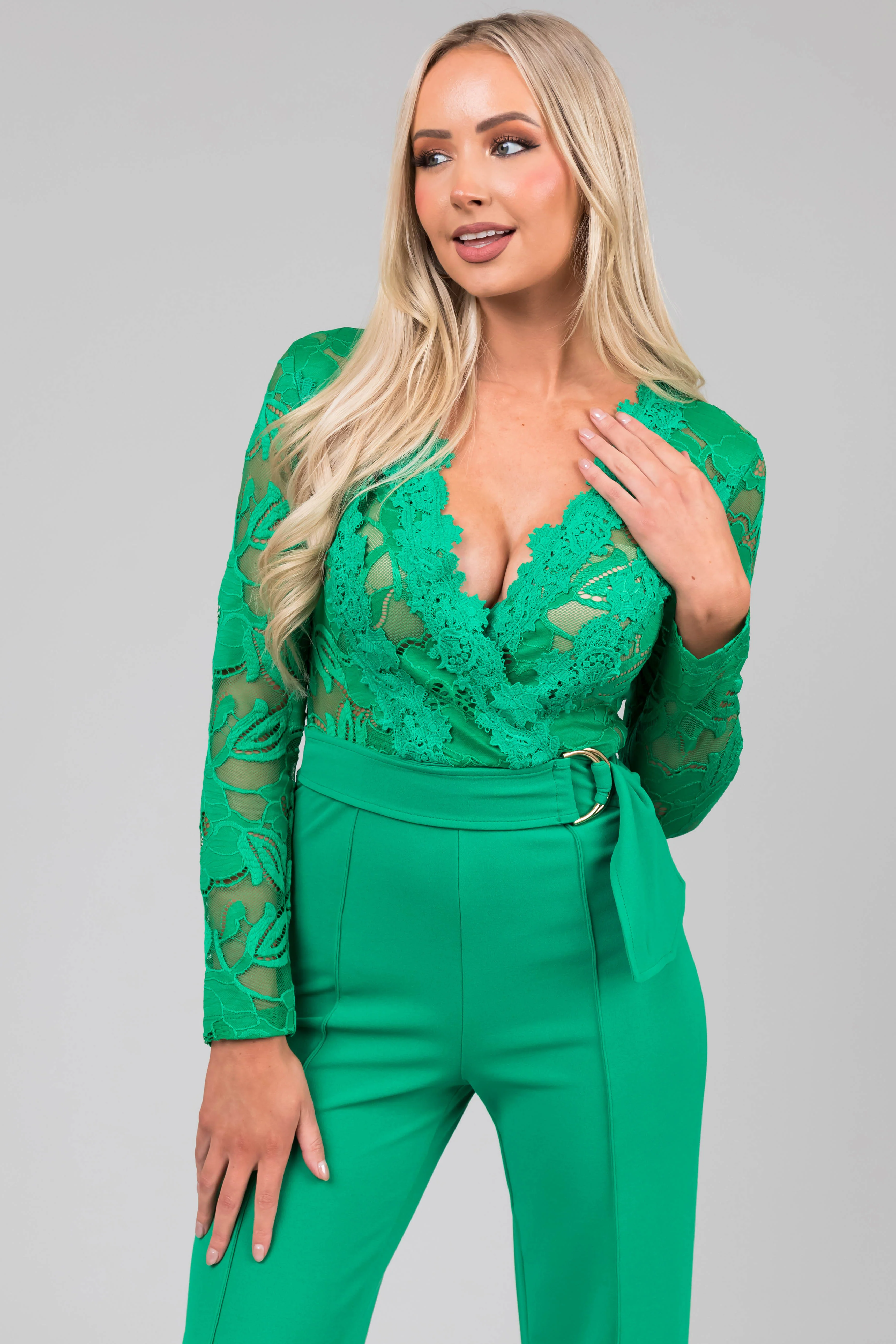Kelly Green Deep V Lace Belted Jumpsuit - LD SALE