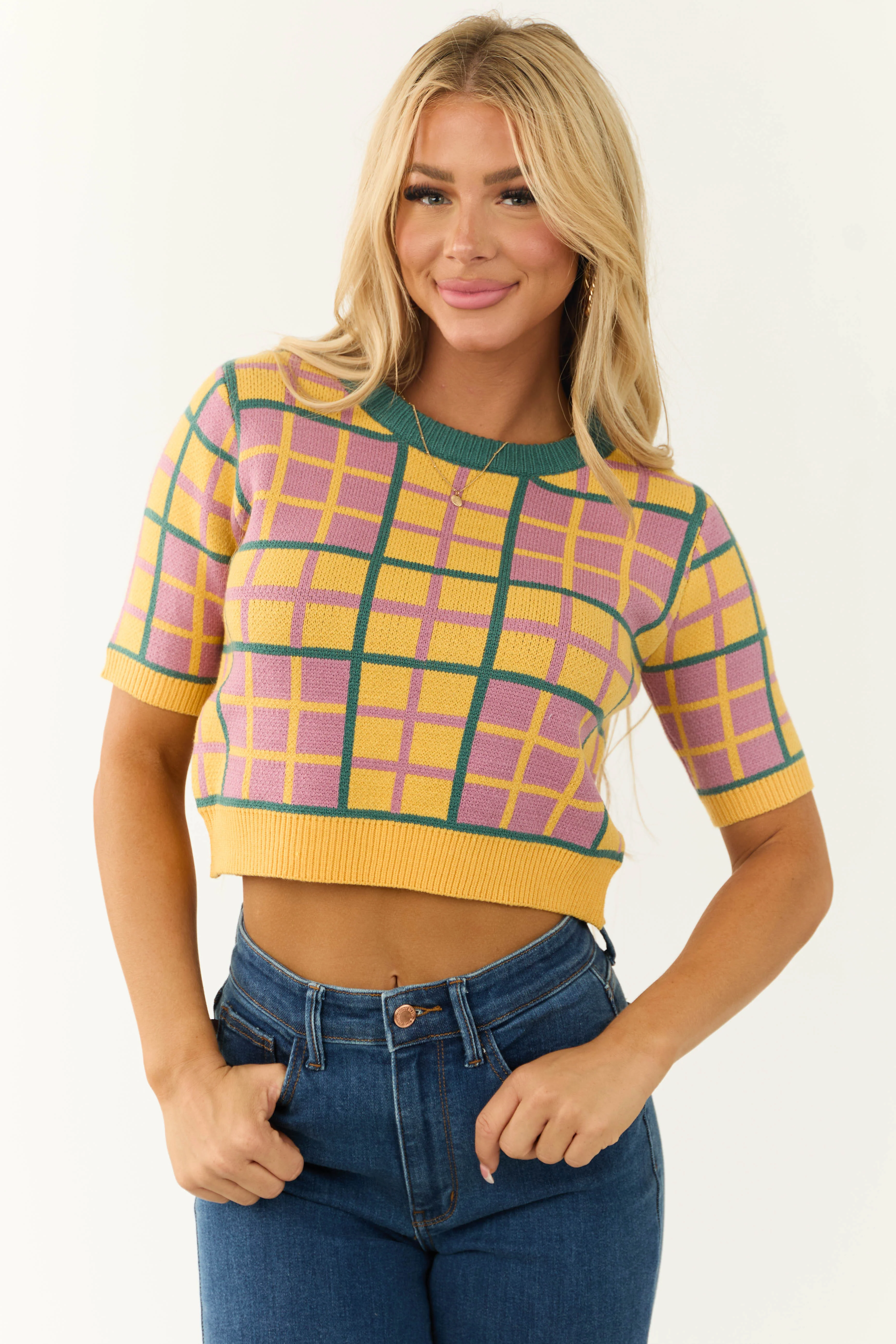 Canary Yellow Square Print Knit Sweater Top - LD SALE