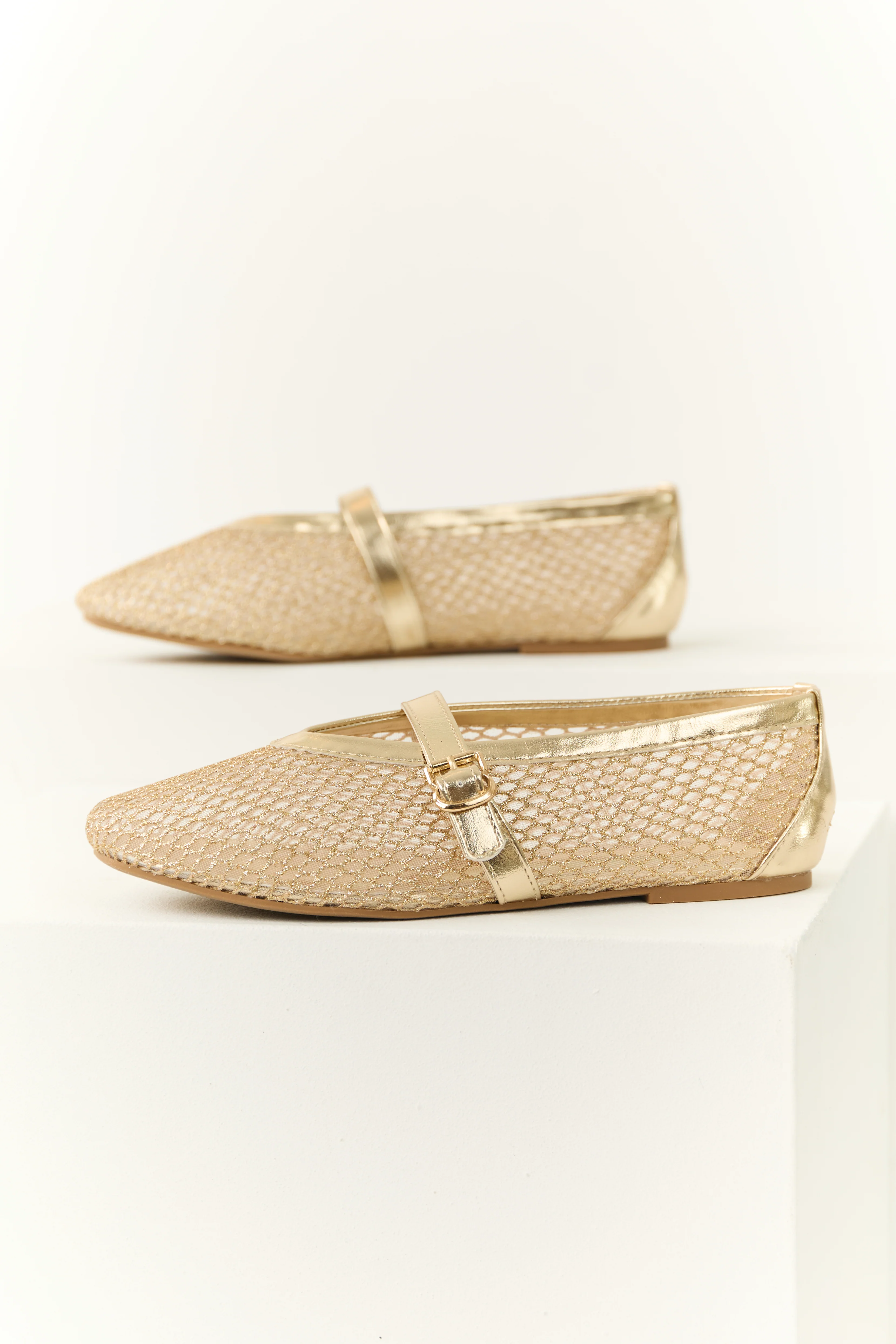 Gold Glitter Geometric Mesh Rounded Toe Flats - LD SALE