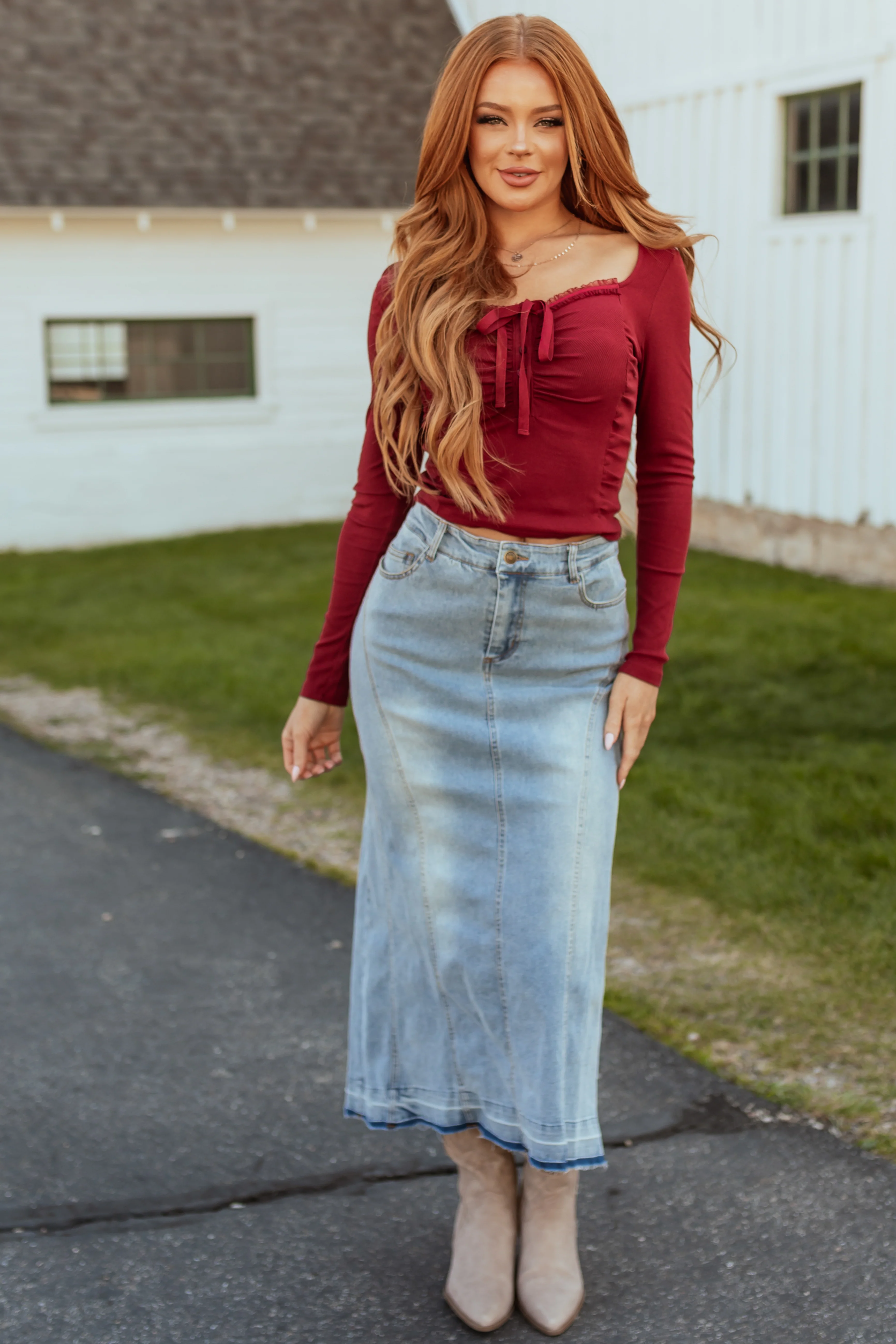 Medium Wash Denim High Low Maxi Skirt - LD SALE