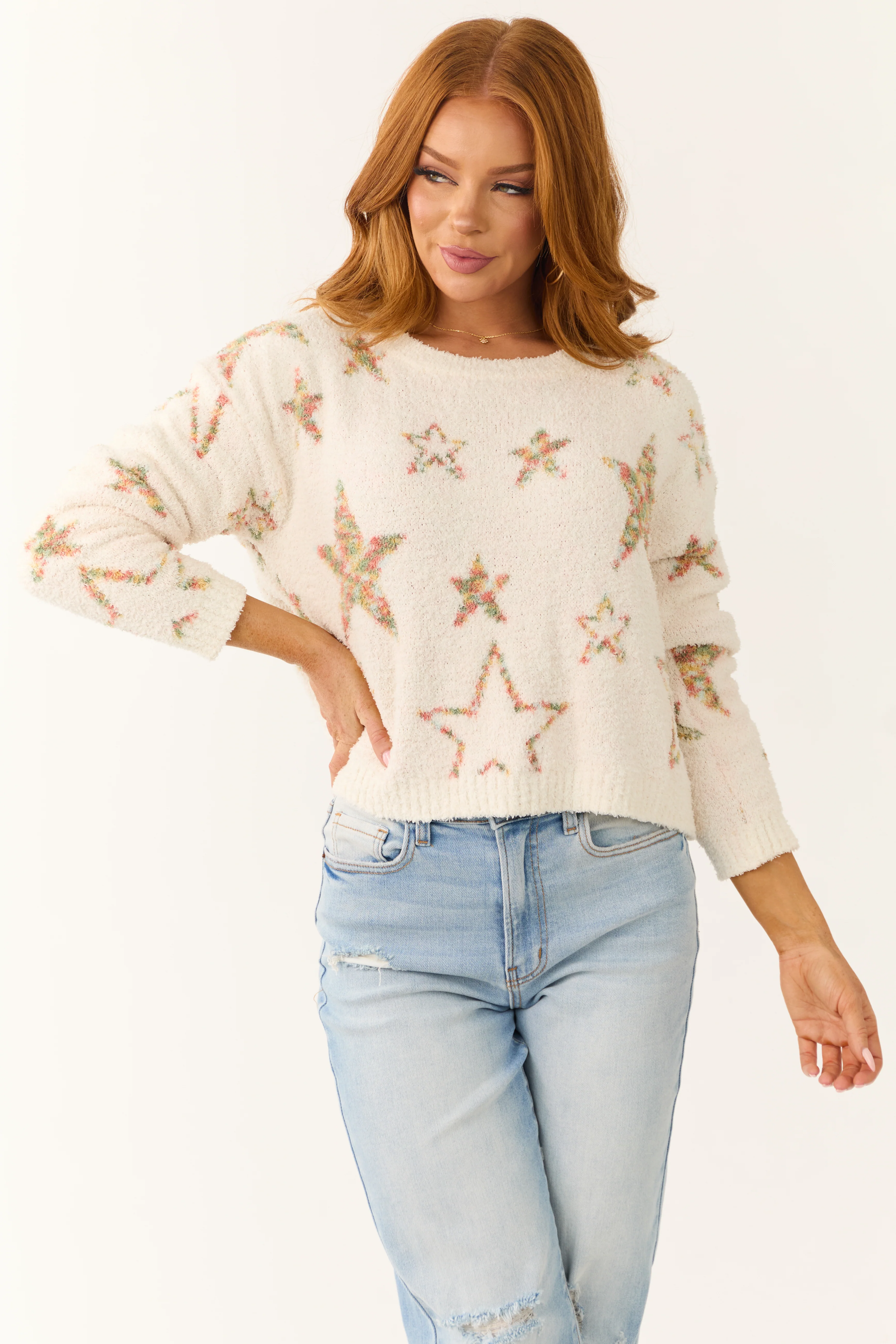 Ivory Star Pattern Fuzzy Knit Sweater - LD SALE
