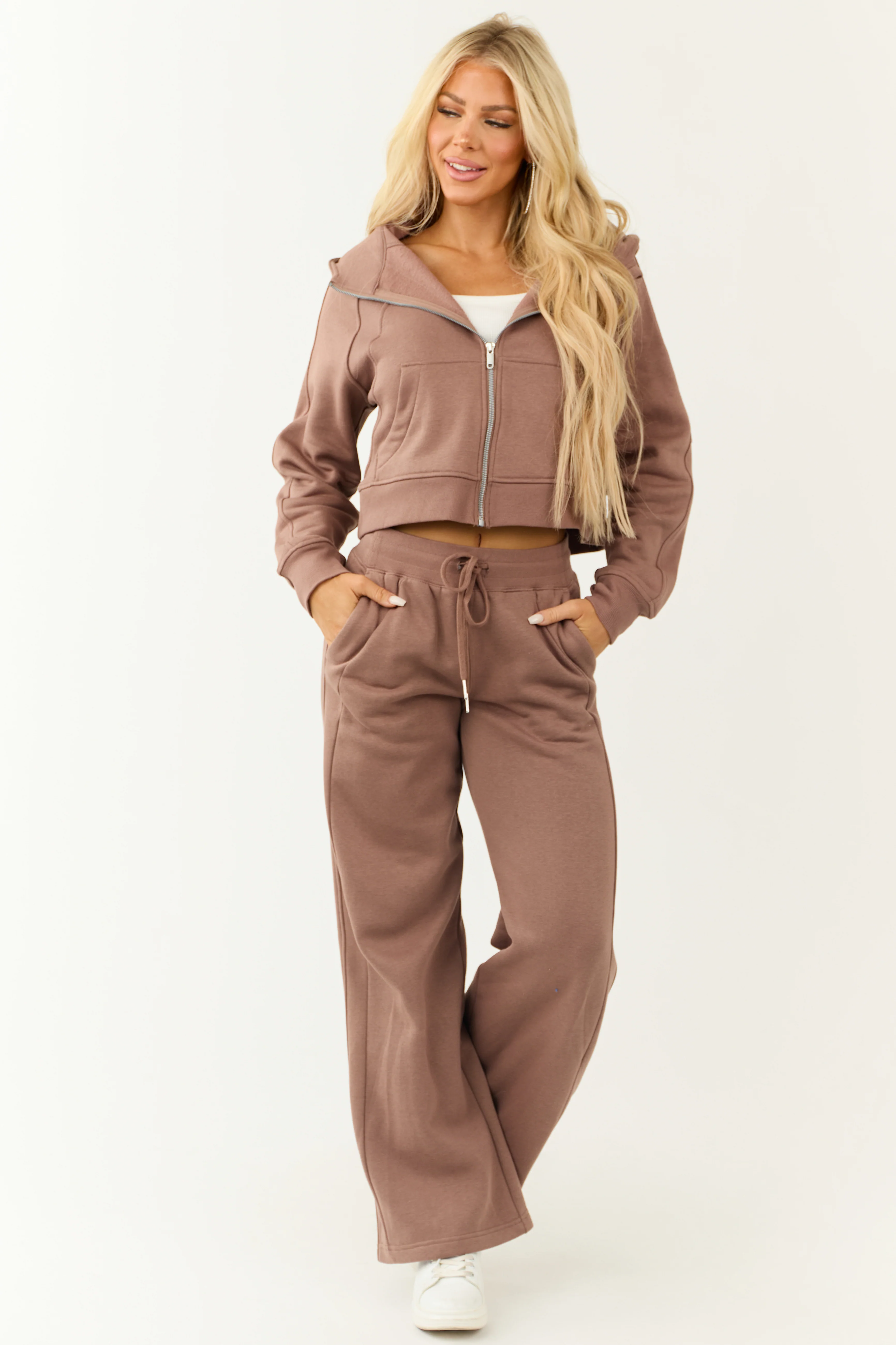 Coffee Zip Up Front Knit Hoodie with Thumbholes - LD SALE