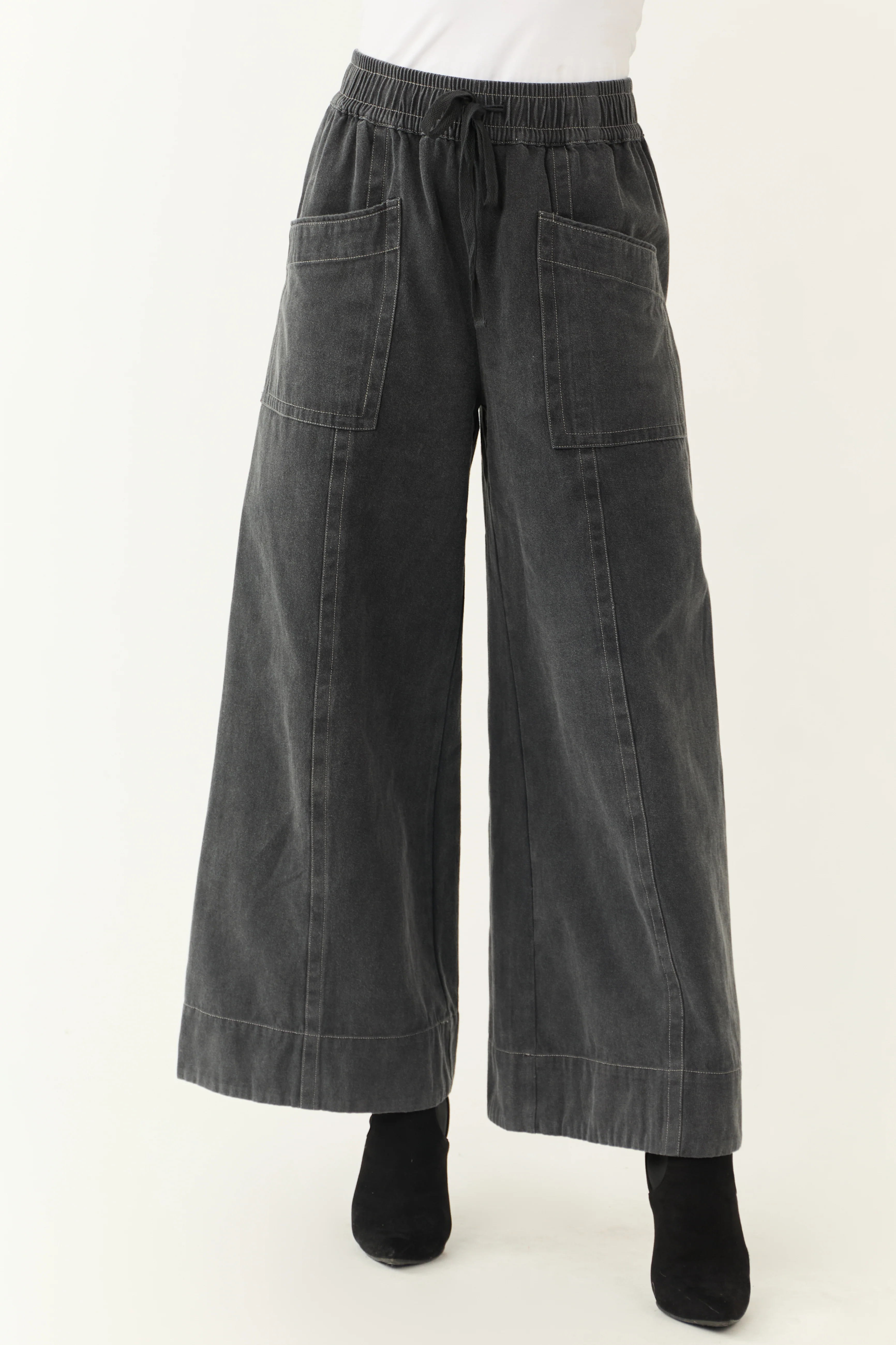 Charcoal Mineral Wash Elastic Waist Wide Leg Pants - LD SALE
