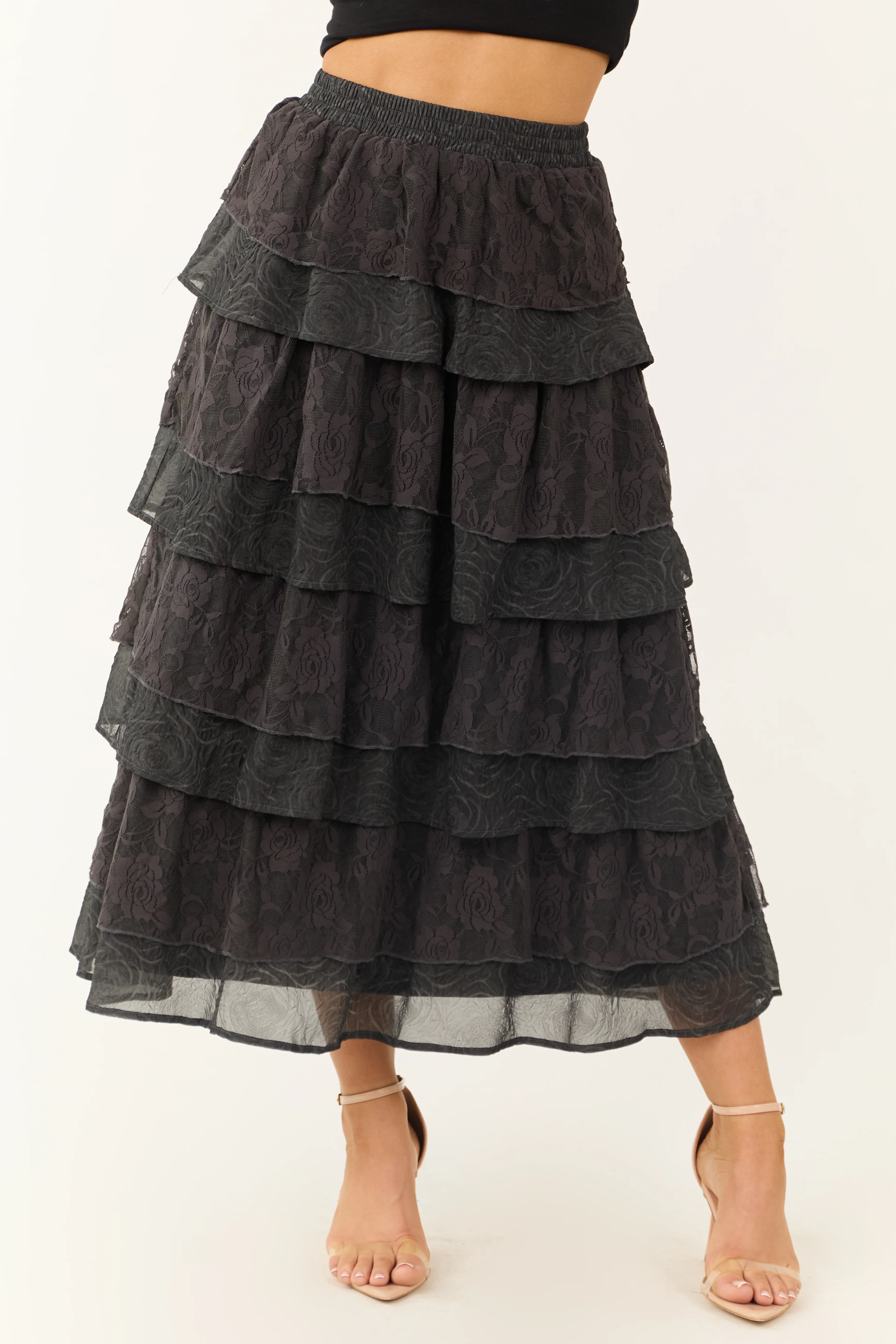 Charcoal Lace Ruffle Tiered Maxi Skirt - LD SALE