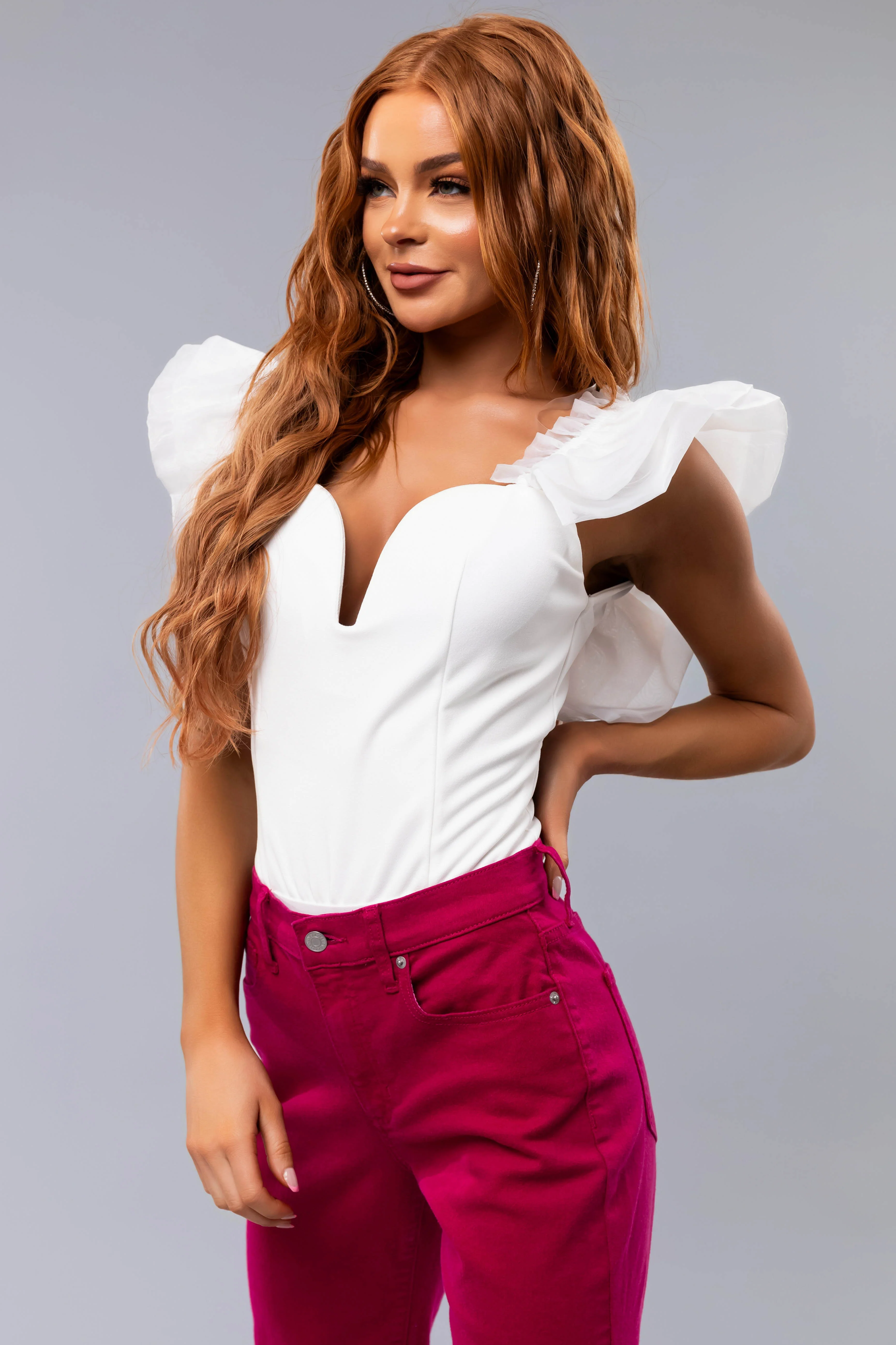 White Short Ruffle Sleeve Bodysuit - LD SALE
