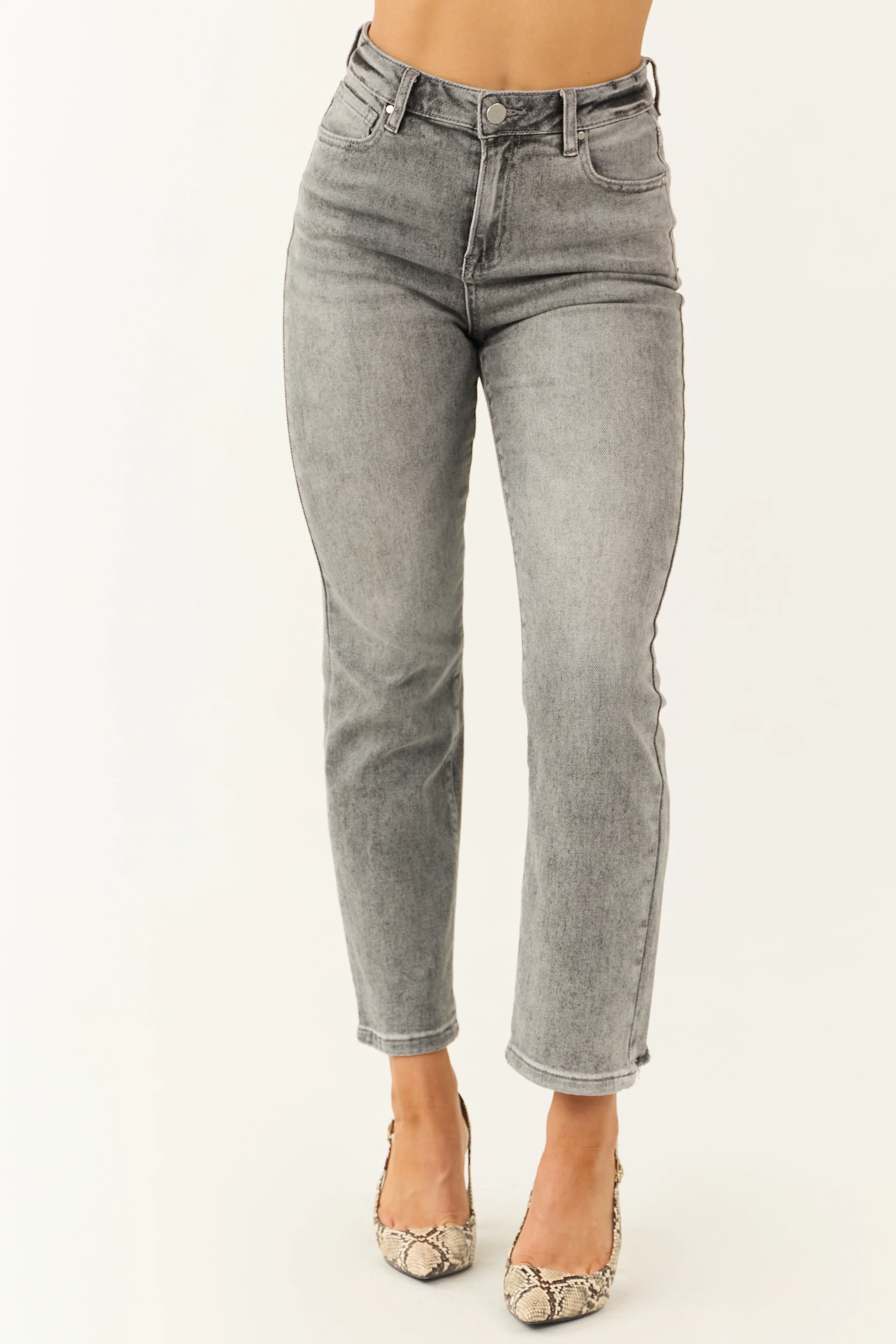 Risen Stone Washed Straight Leg Distressed Hem Jeans - LD SALE