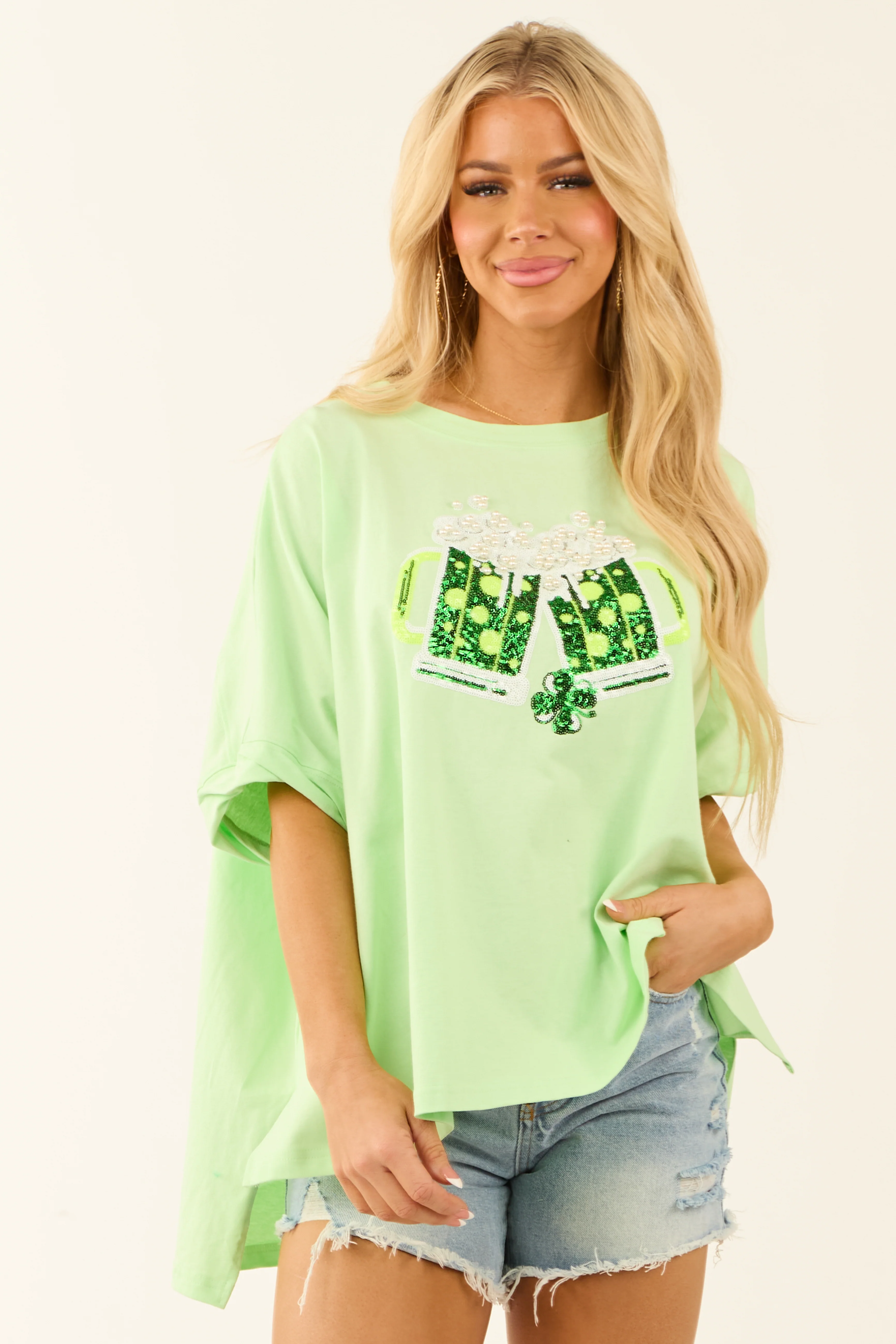 Light Kiwi Sequin St Patricks Day Graphic Top - LD SALE