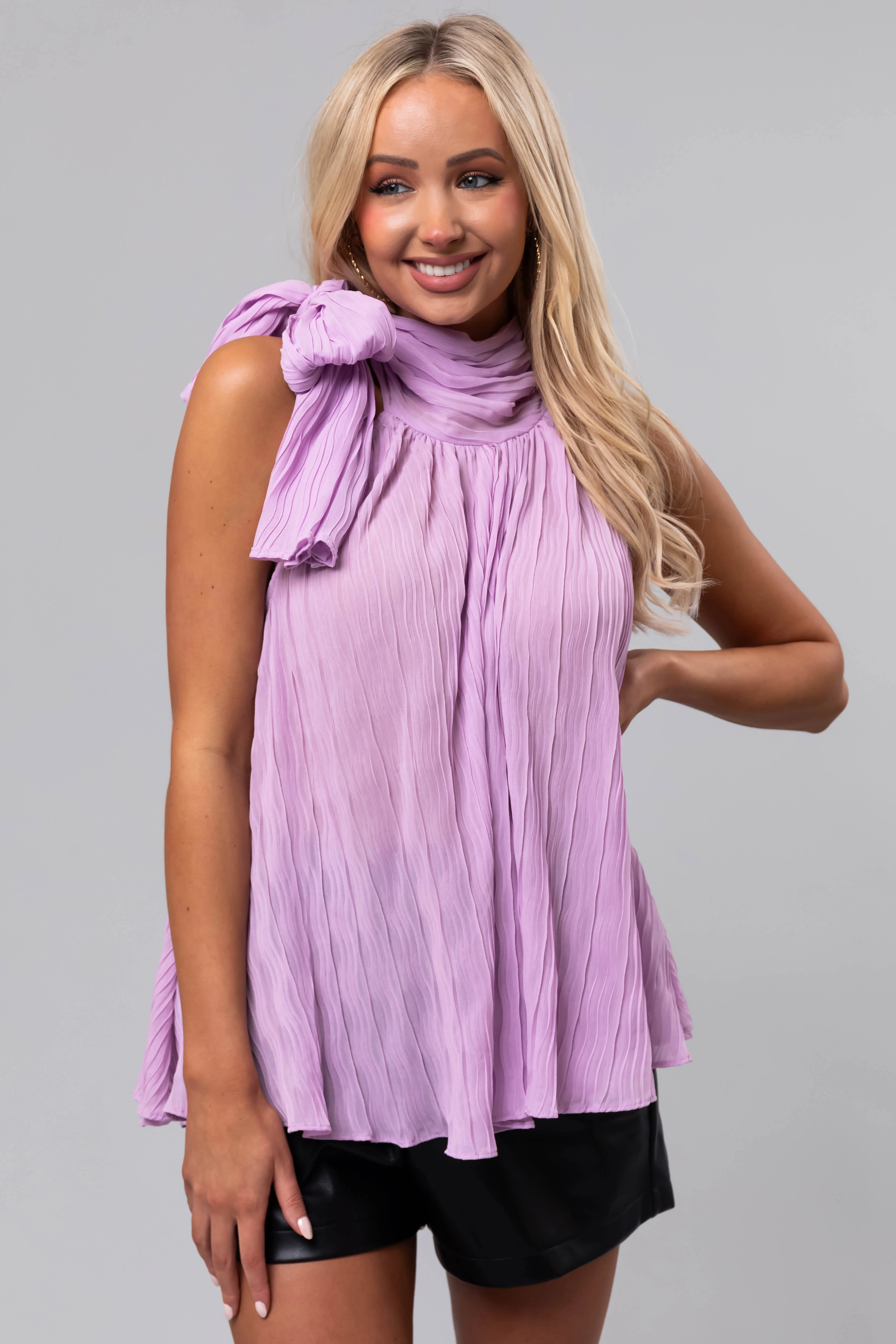 Lavender Sleeveless Neck Tie Pleated Blouse - LD SALE