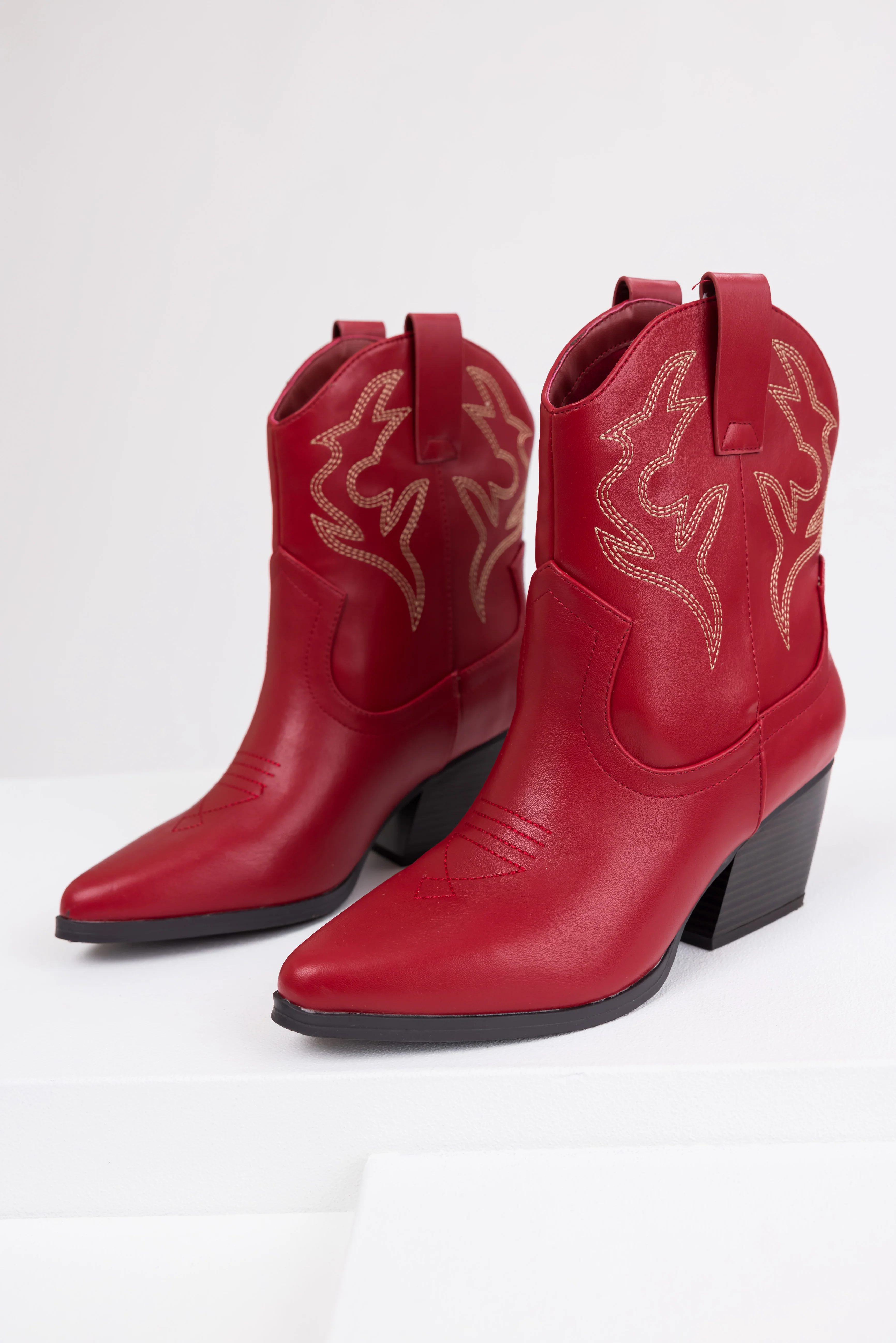 Burgundy Western Stitching Detail Ankle Booties - LD SALE