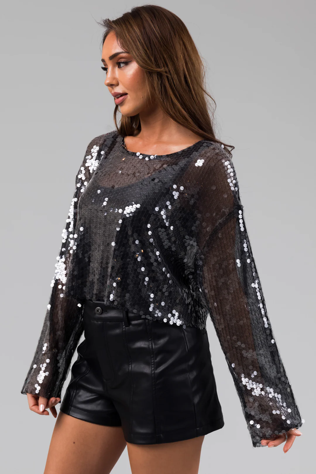 Charcoal Sequin Long Sleeve Sheer Cropped Top - LD SALE