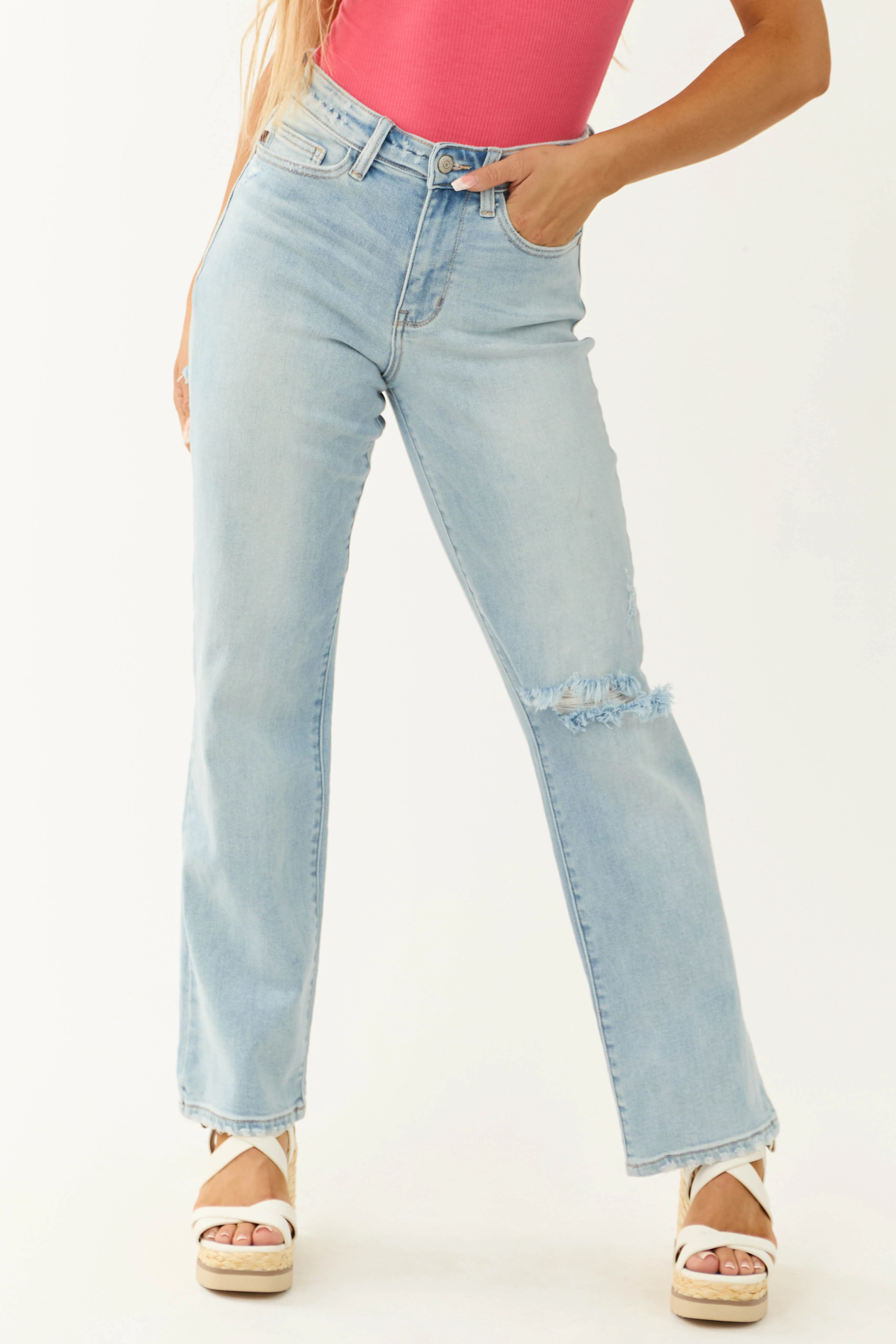 Judy Blue Light Wash Wide Leg Distressed Jeans - LD SALE