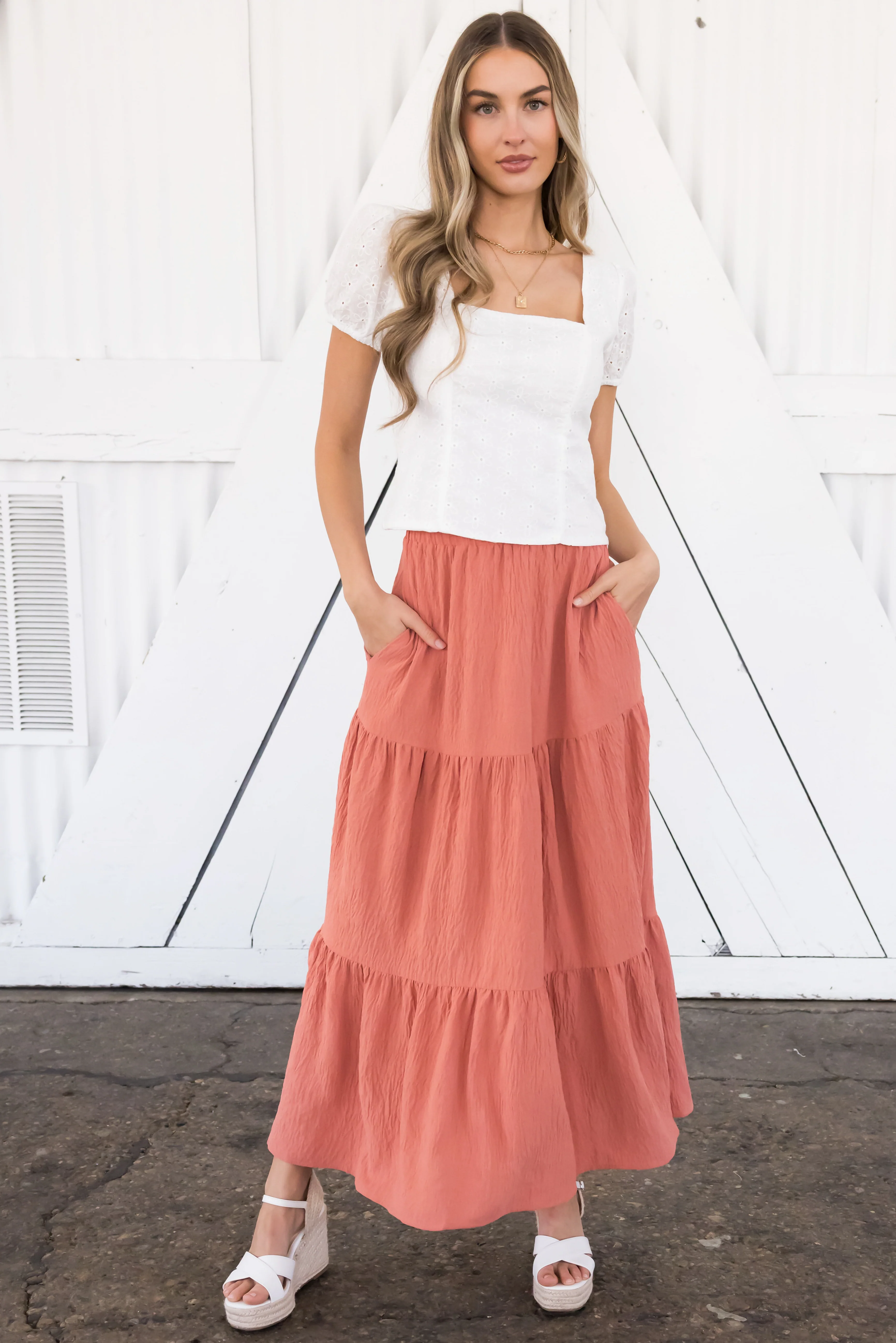 Hazy Coral Tiered Gauze Textured Maxi Skirt - LD SALE