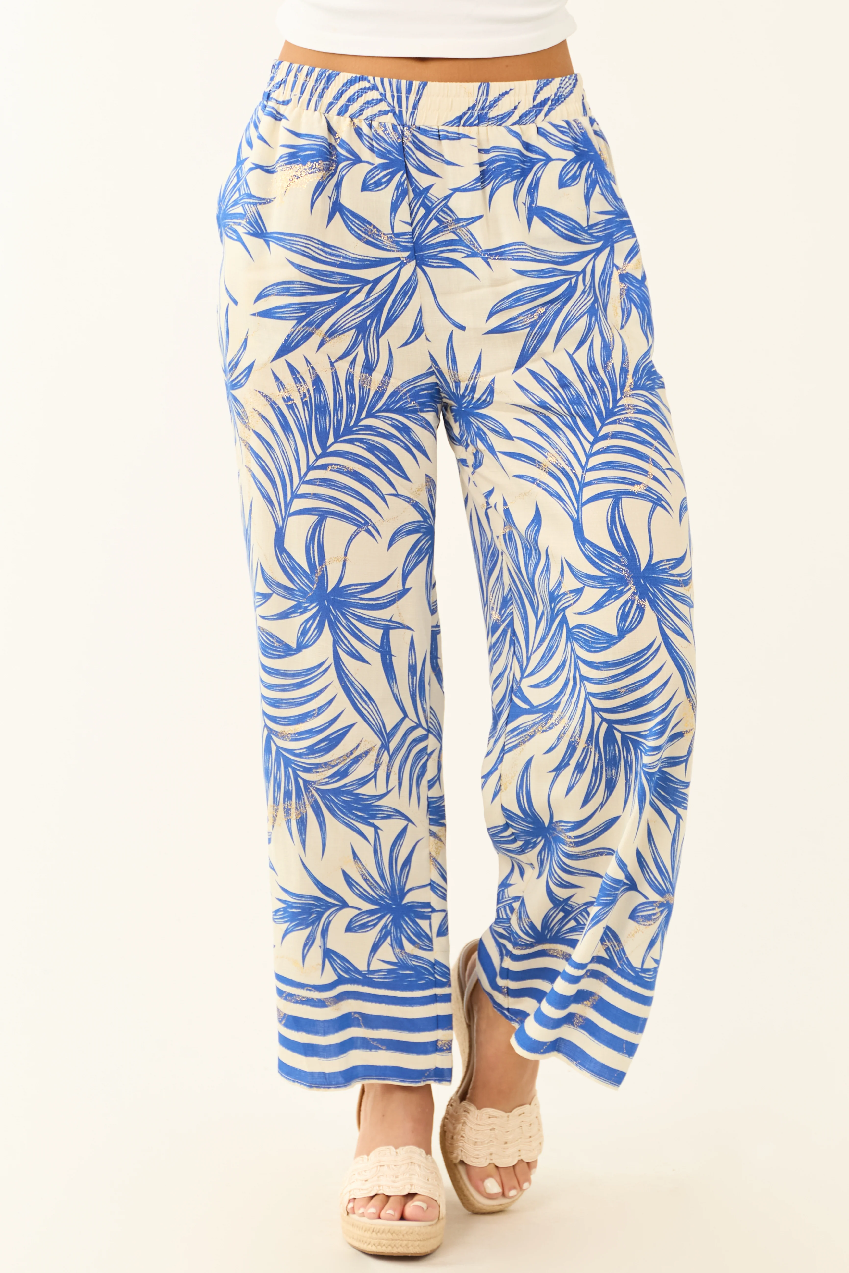 Off White and Cobalt Tropical Print Cropped Pants - LD SALE