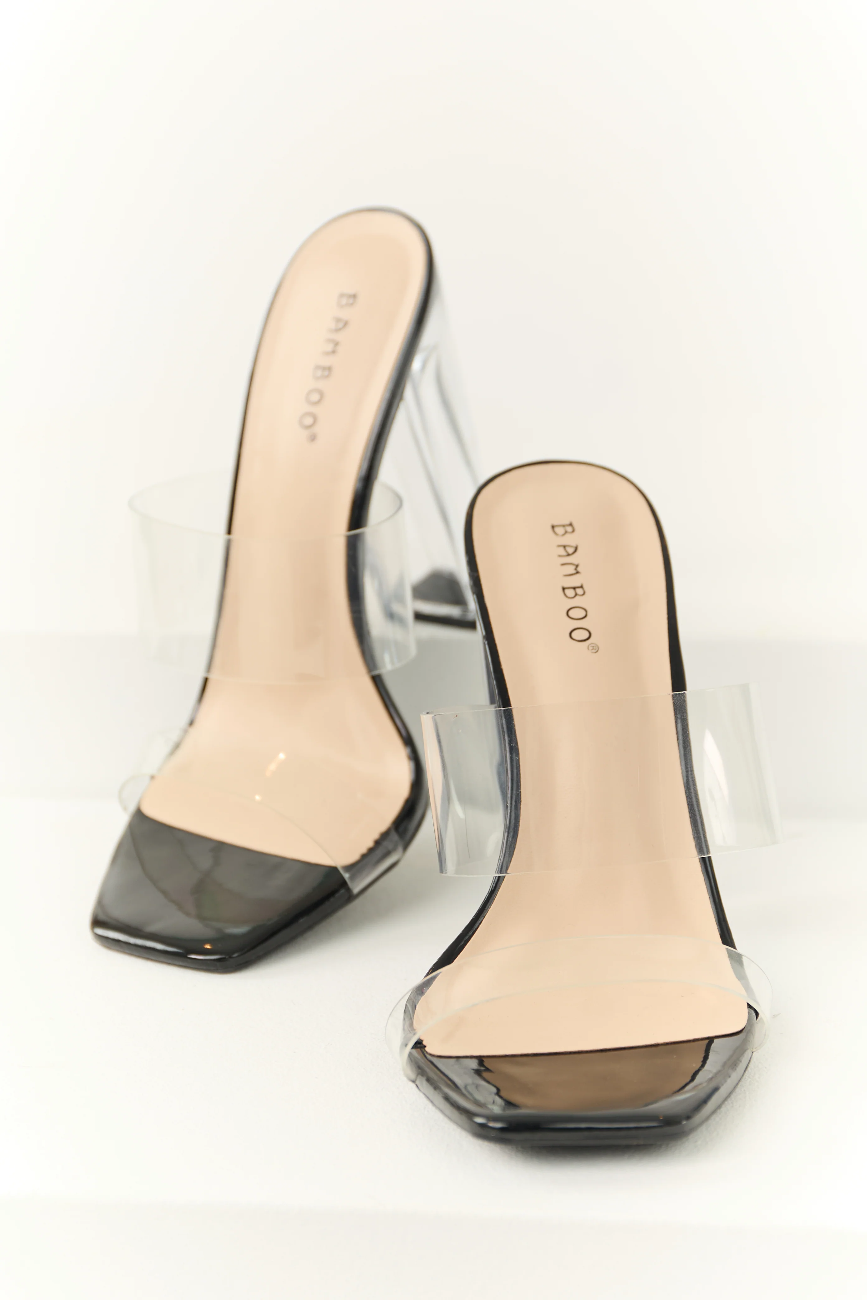 Black Clear Open Toe Block Heels - LD SALE