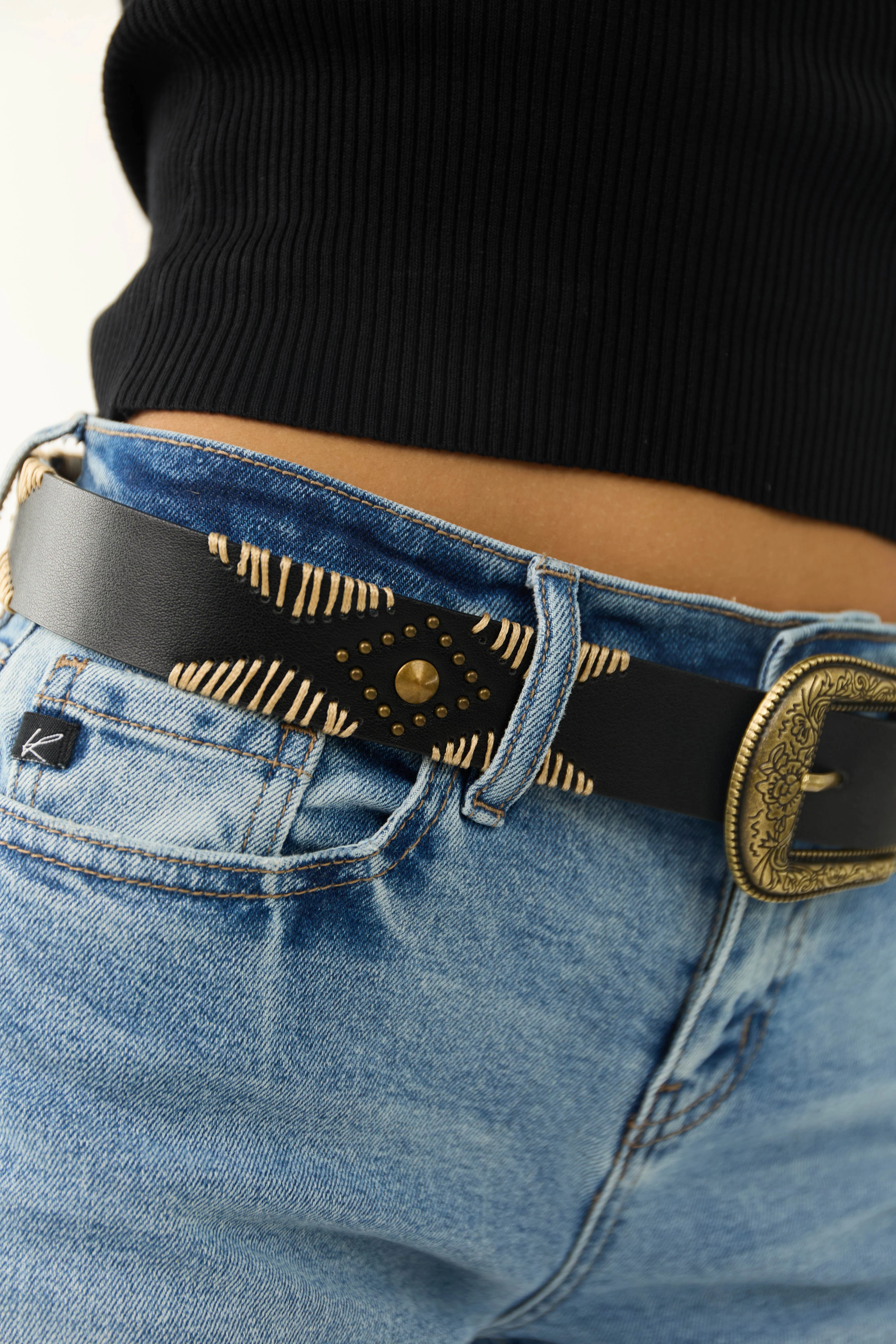 Black Floral Etched Buckle Belt - LD SALE