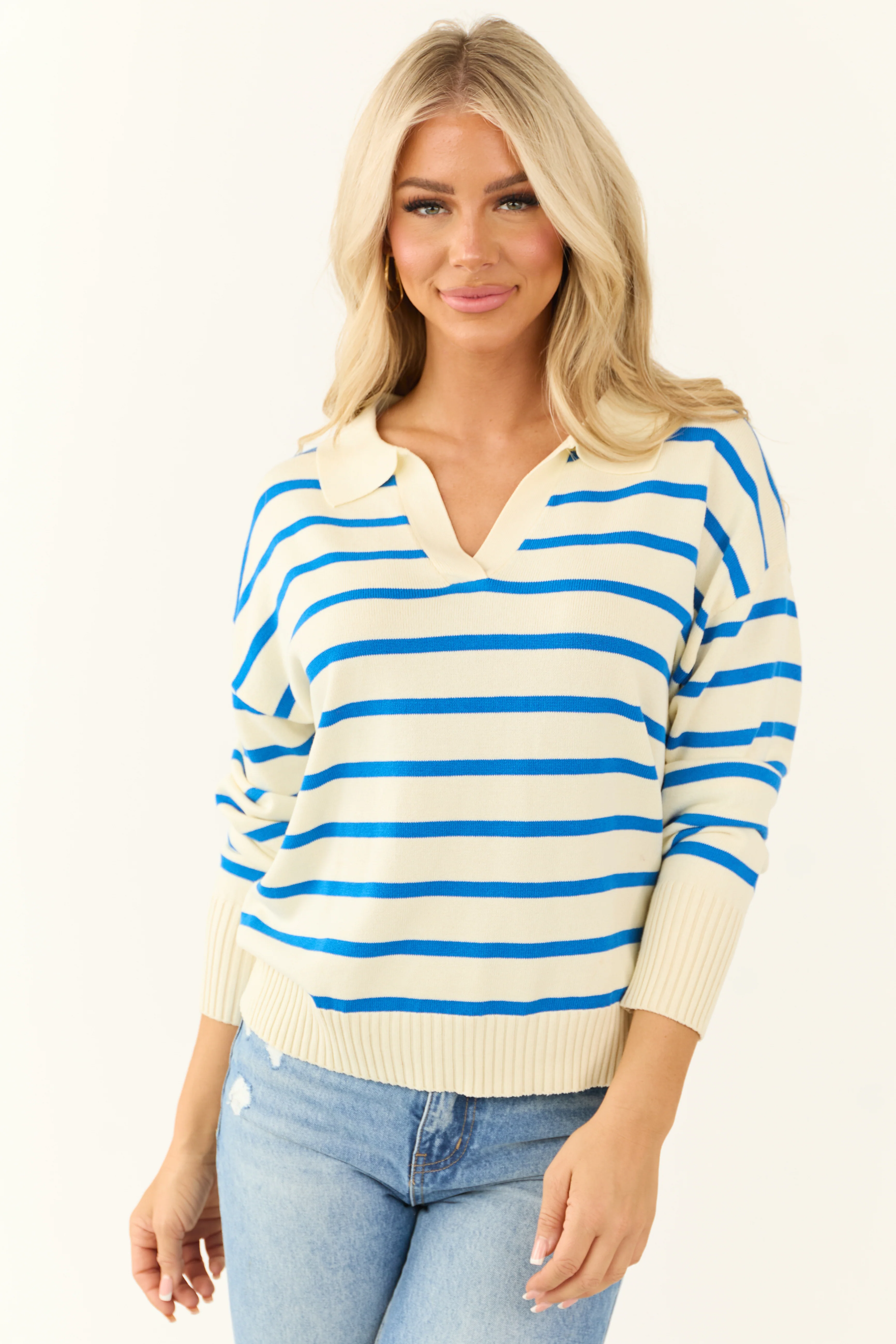 Cream and Sapphire Striped Collared V Neck Sweater - LD SALE