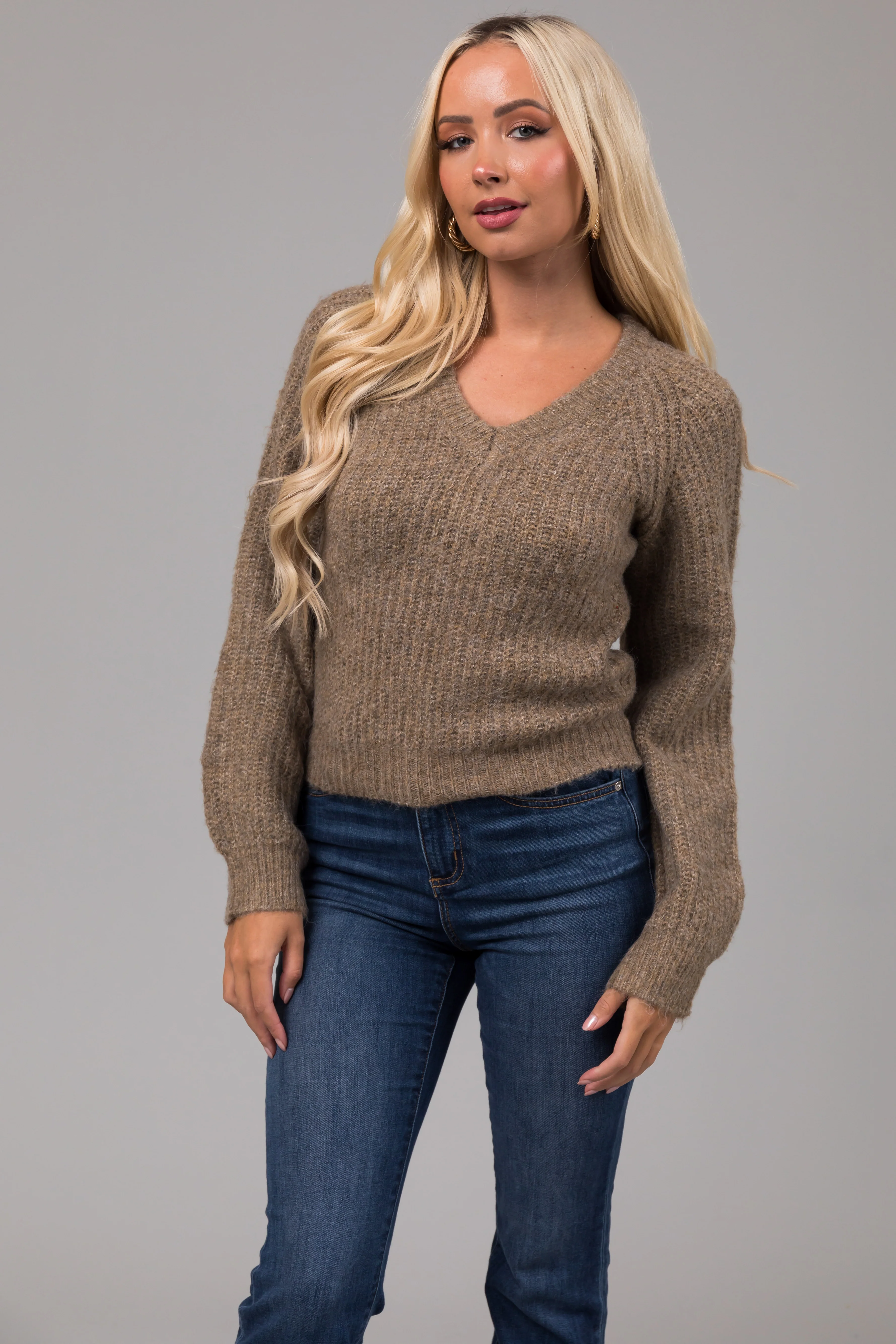Heathered Peanut V Neck Bubble Sleeve Sweater - LD SALE