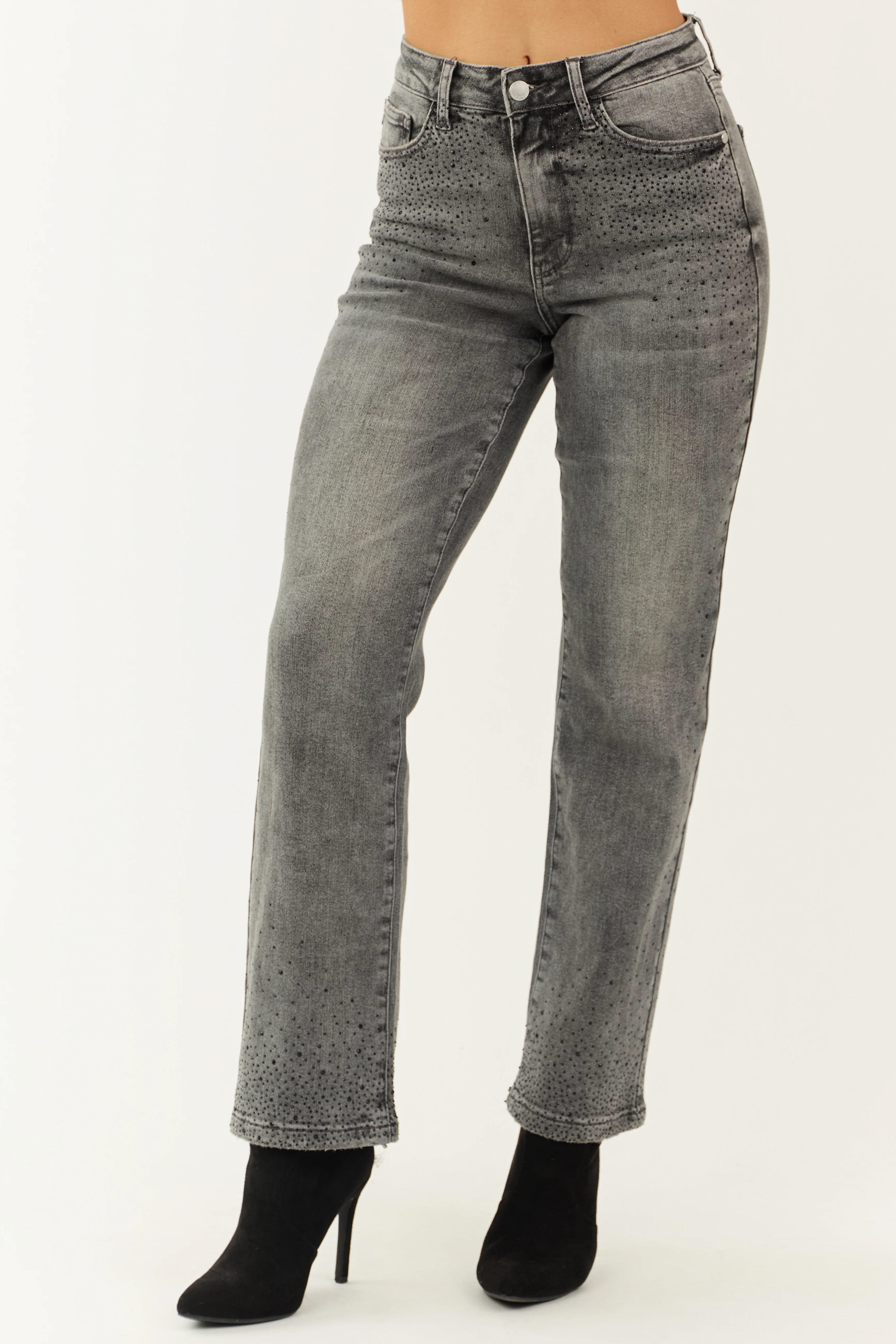 Judy Blue Stone Rhinestone Detail Straight Jeans - LD SALE