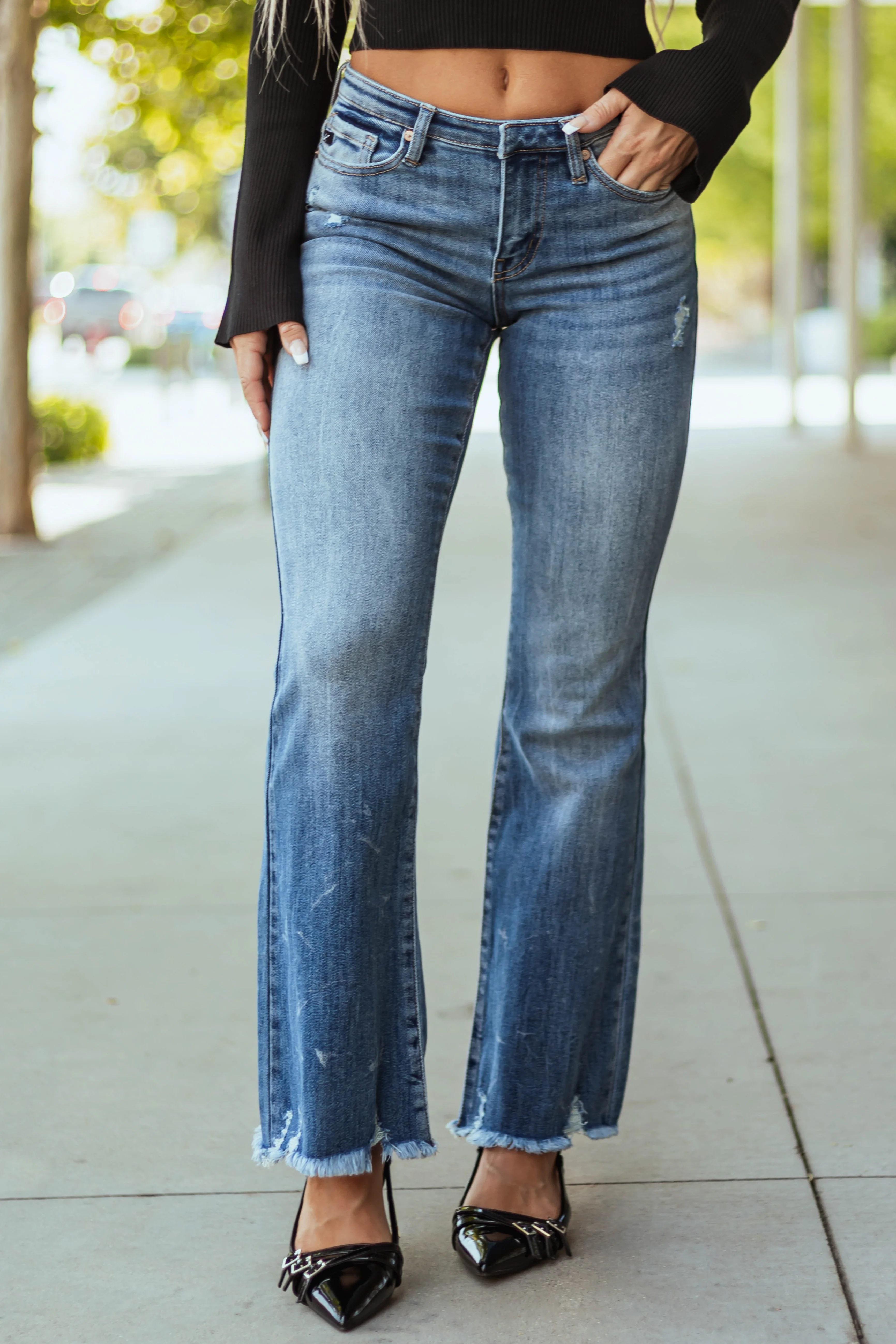 KanCan Medium Wash Flare Leg Distressed Jeans - LD SALE