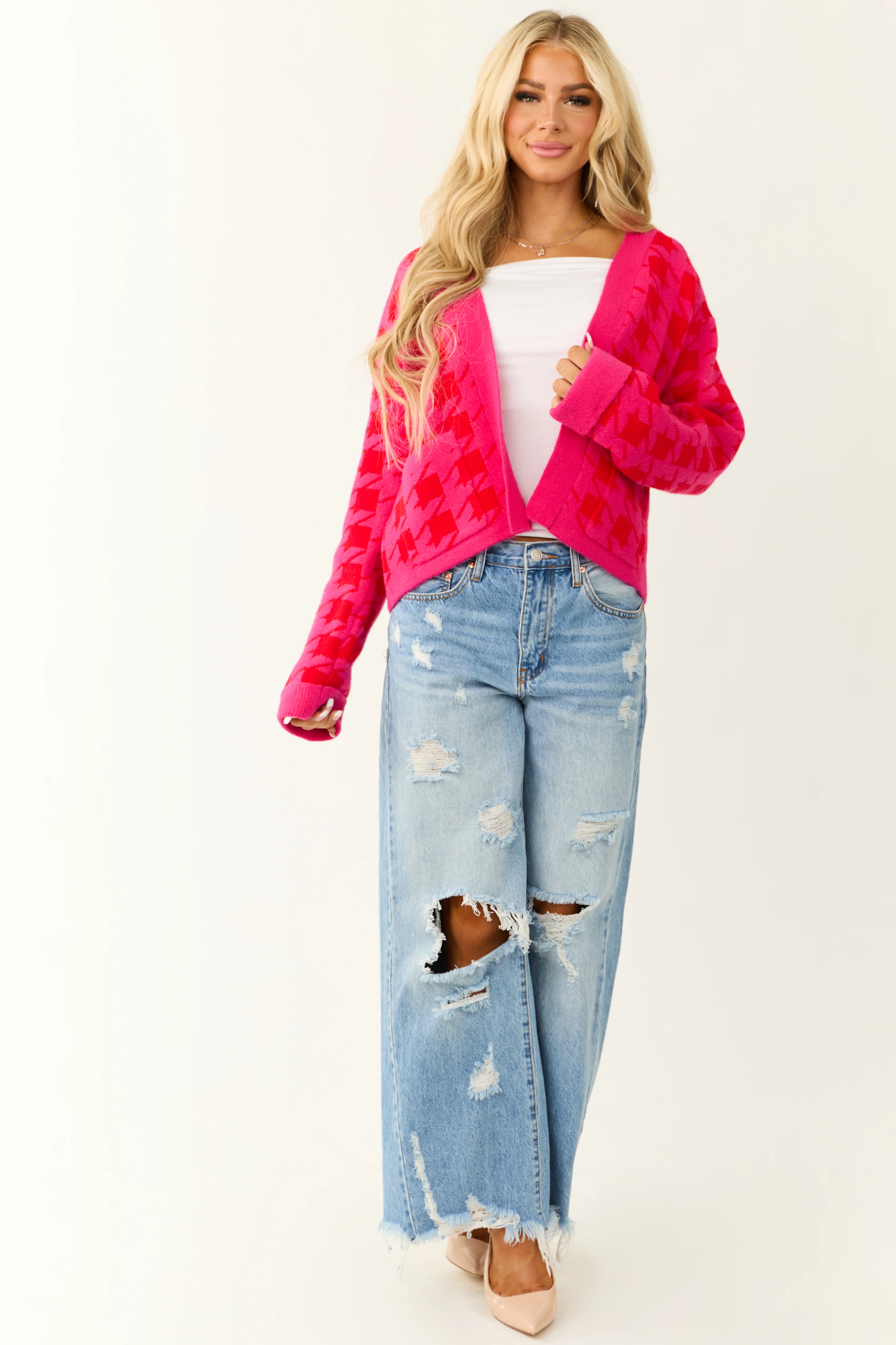 Fuchsia Houndstooth Long Sleeve Cardigan - LD SALE