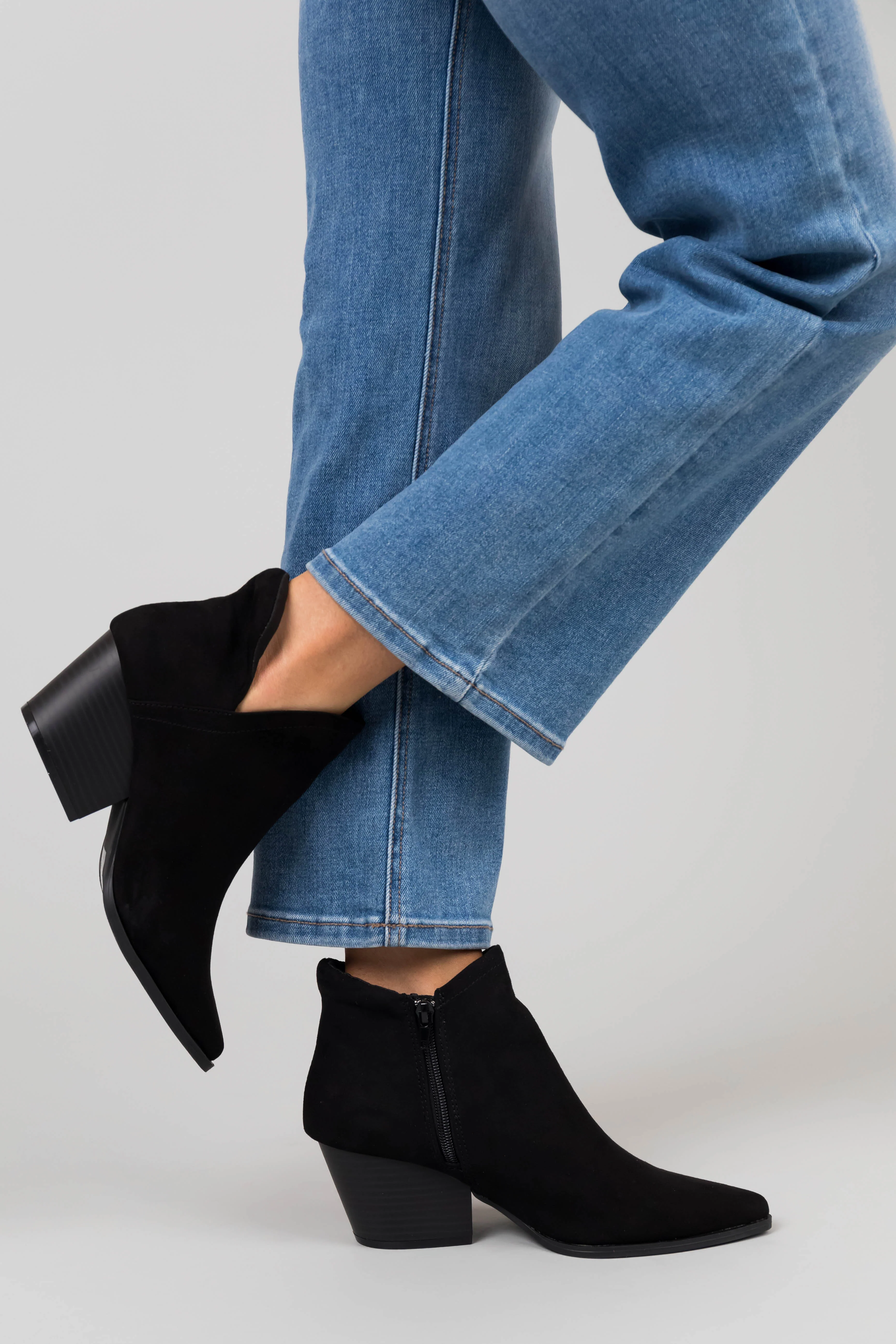 Black Suede Pointed Toe Side Slit Booties - LD SALE