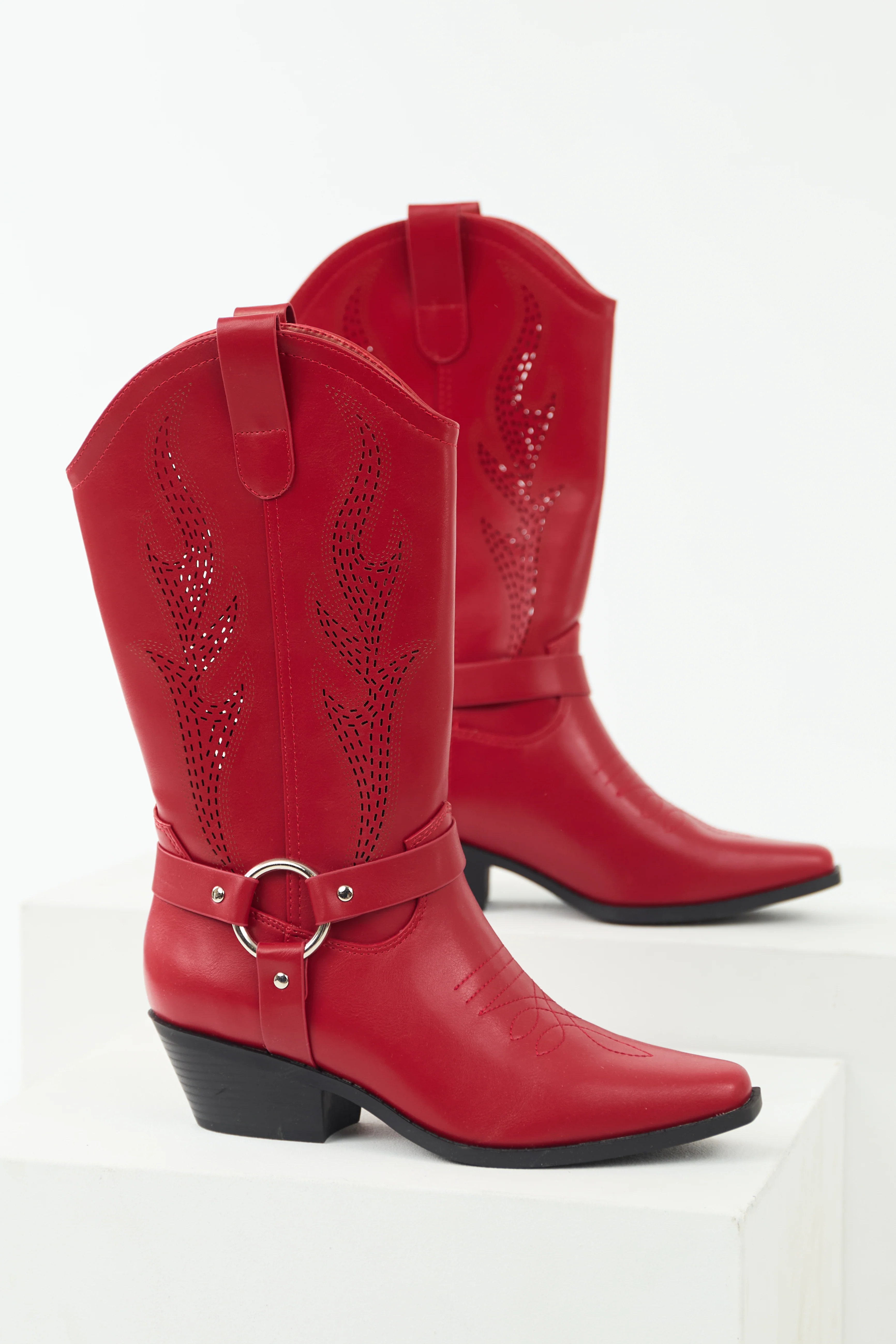 Cherry Embroidered Riding Strap Heeled Boots - LD SALE