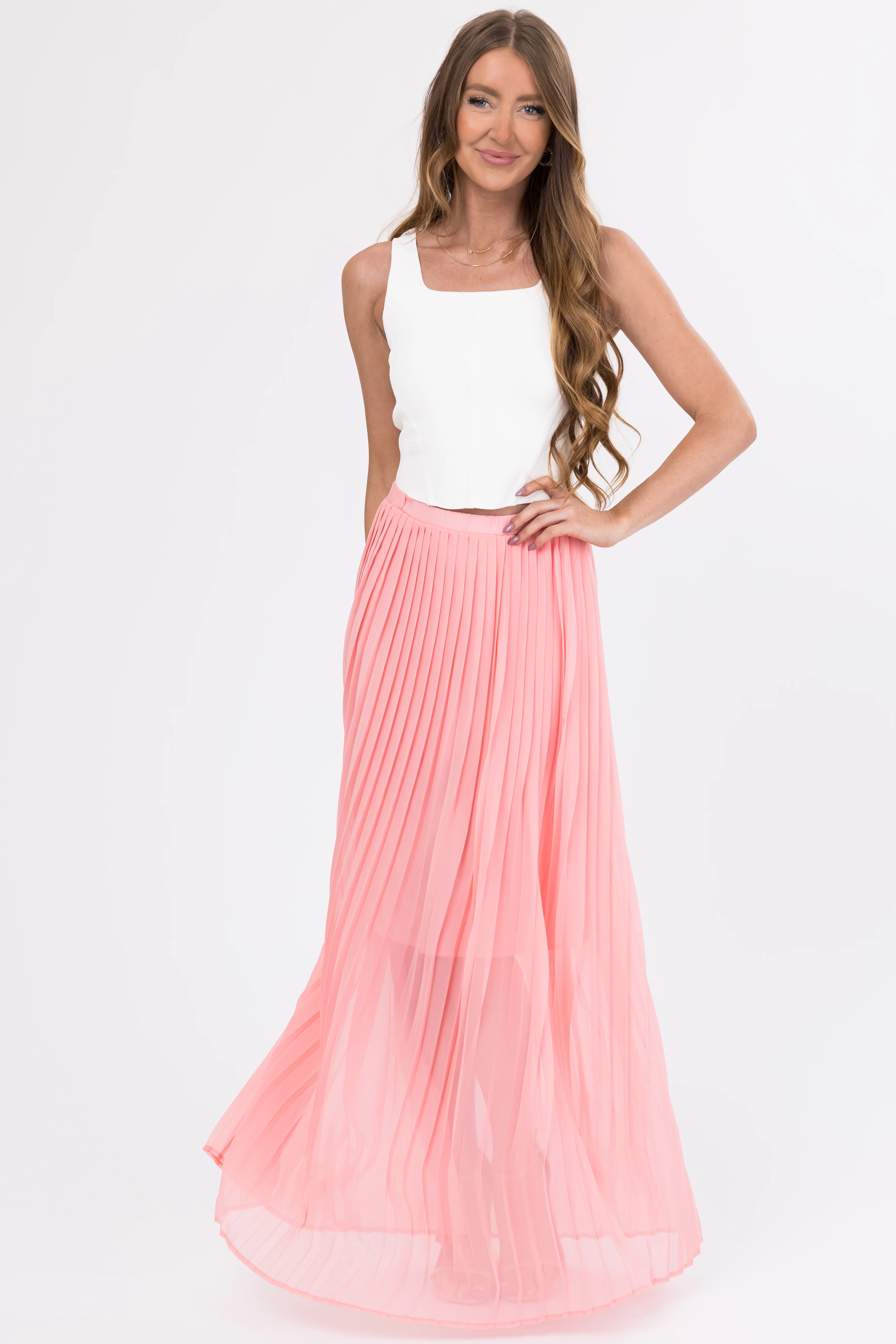 Blush Pleated Chiffon Elastic Waist Maxi Skirt - LD SALE