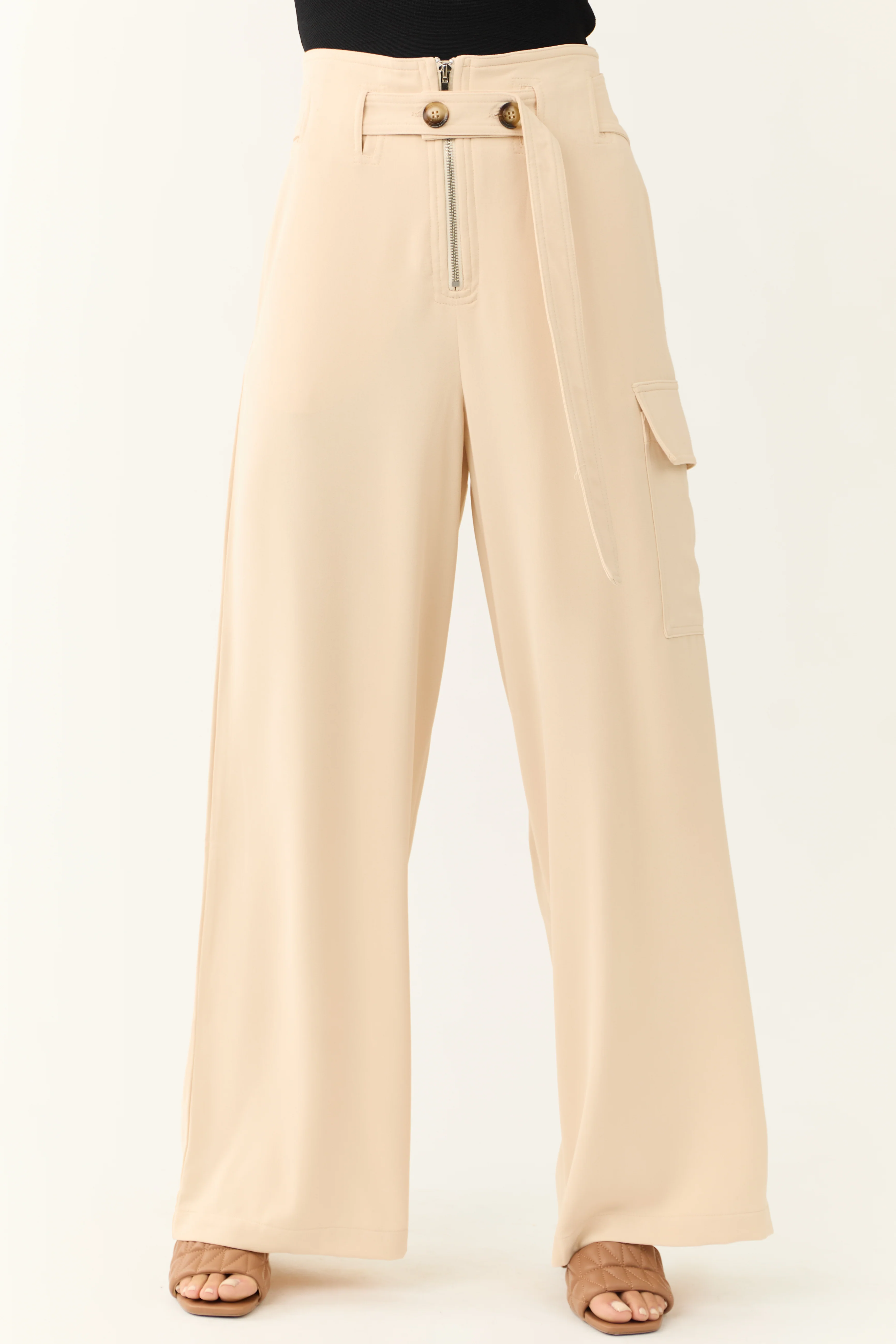 Champagne Belted High Waist Wide Leg Pants - LD SALE