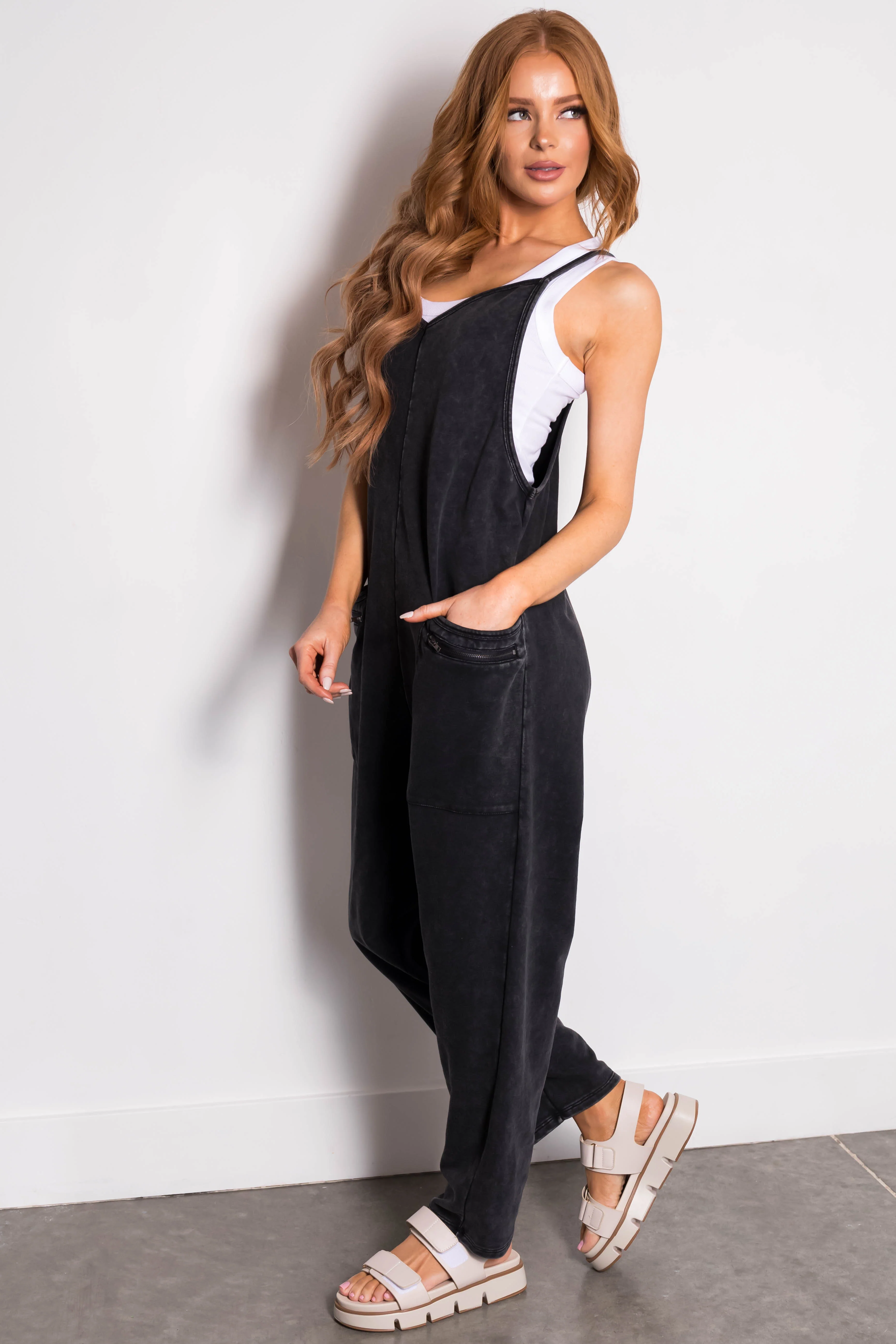 Black Washed Sleeveless Relaxed Fit Jumpsuit - LD SALE