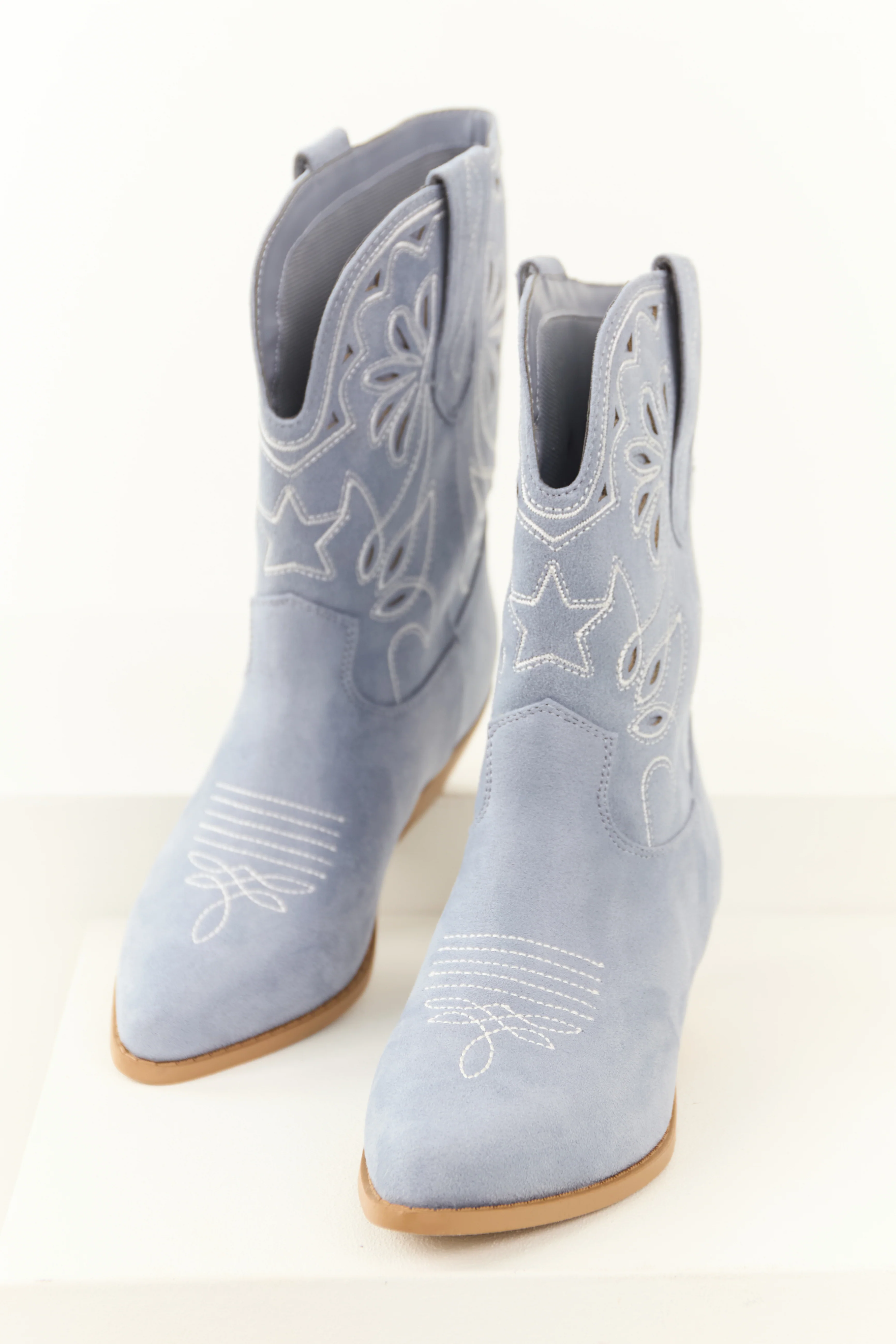 Dusty Blue Faux Suede Mid Calf Embroidered Boots - LD SALE