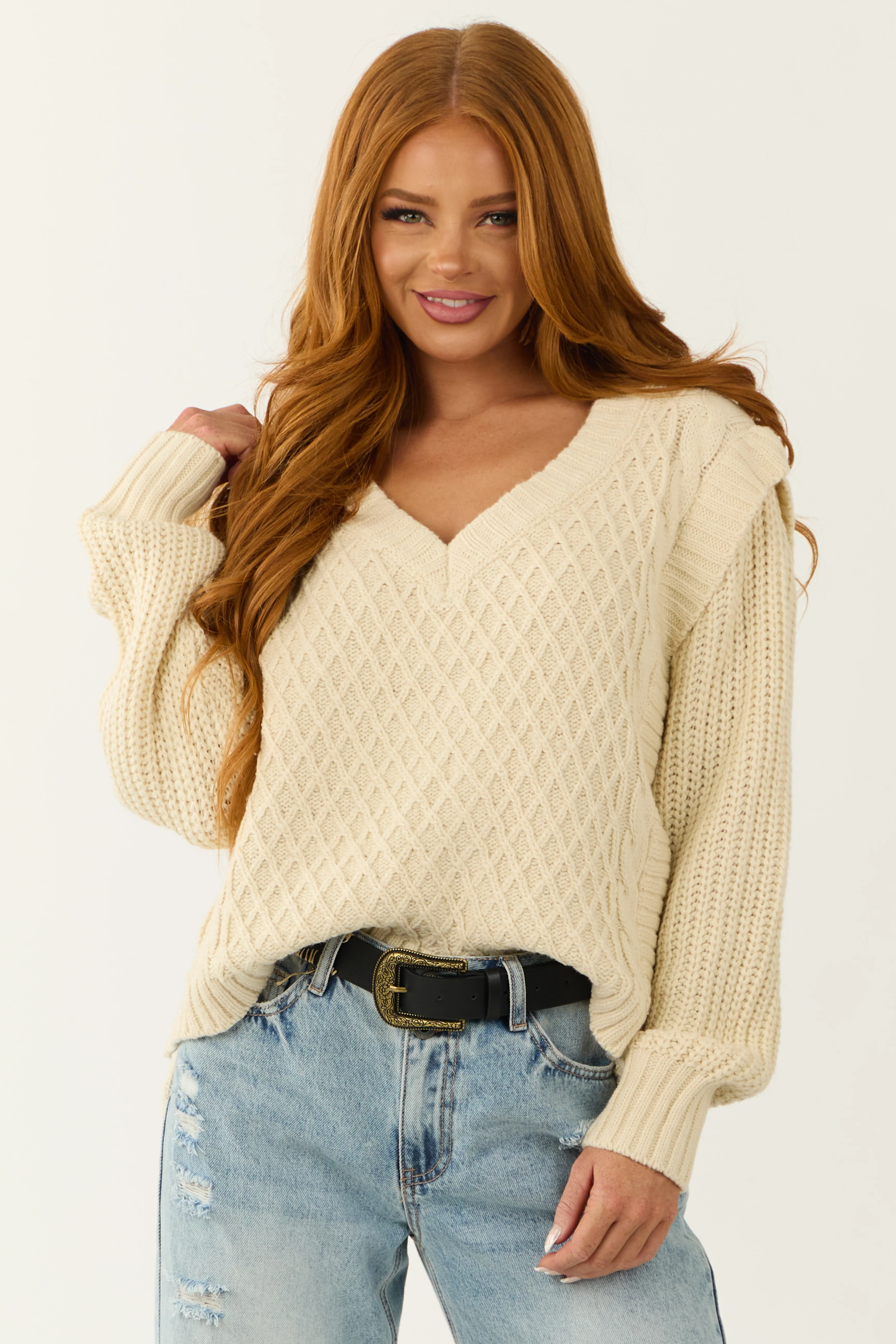 She+Sky Cream Lattice Knit V Neck Sweater - LD SALE