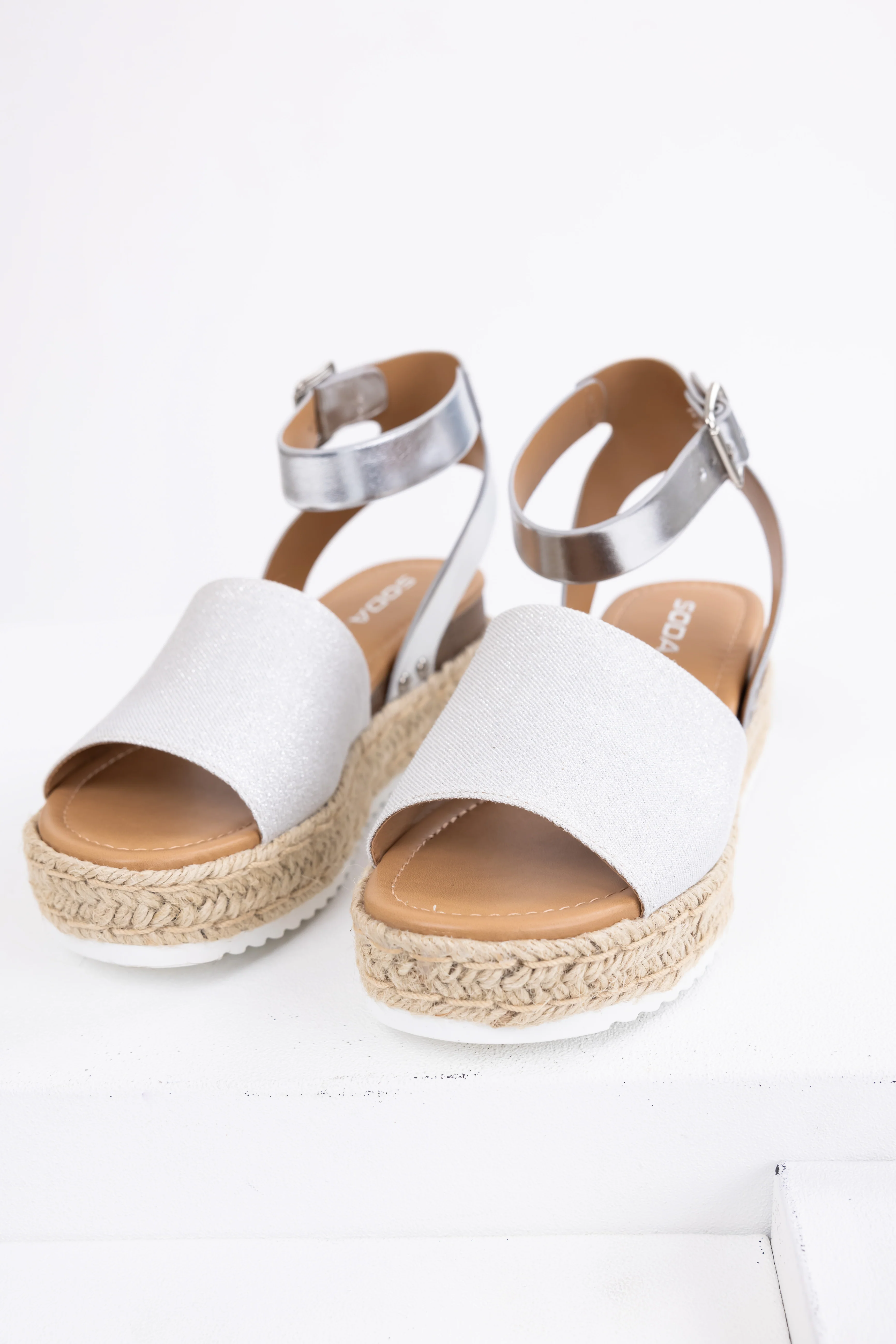 Silver Ankle Strap Espadrille Platform Sandals - LD SALE