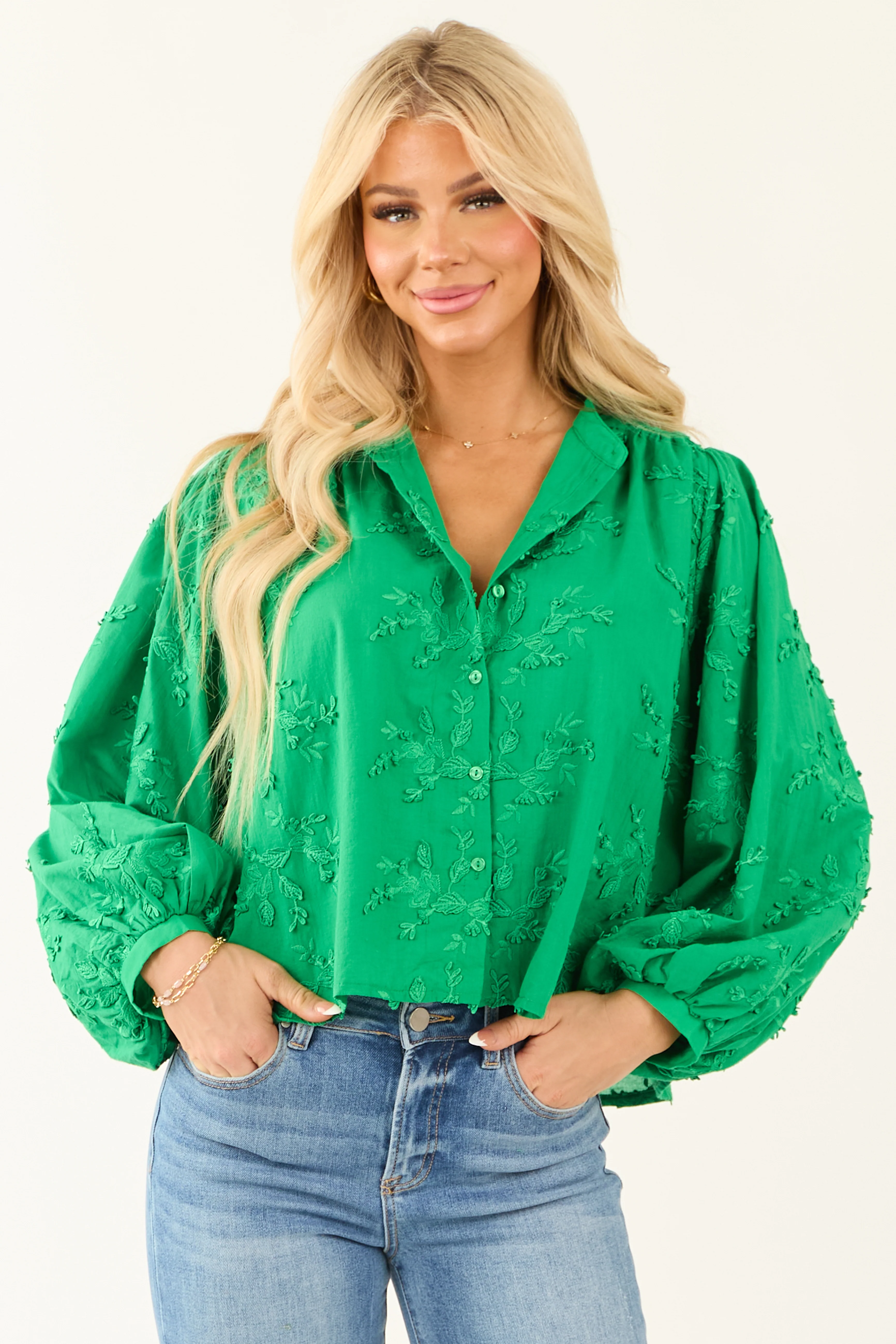 Jade Floral Embroidery Button Down Long Sleeve Top - LD SALE