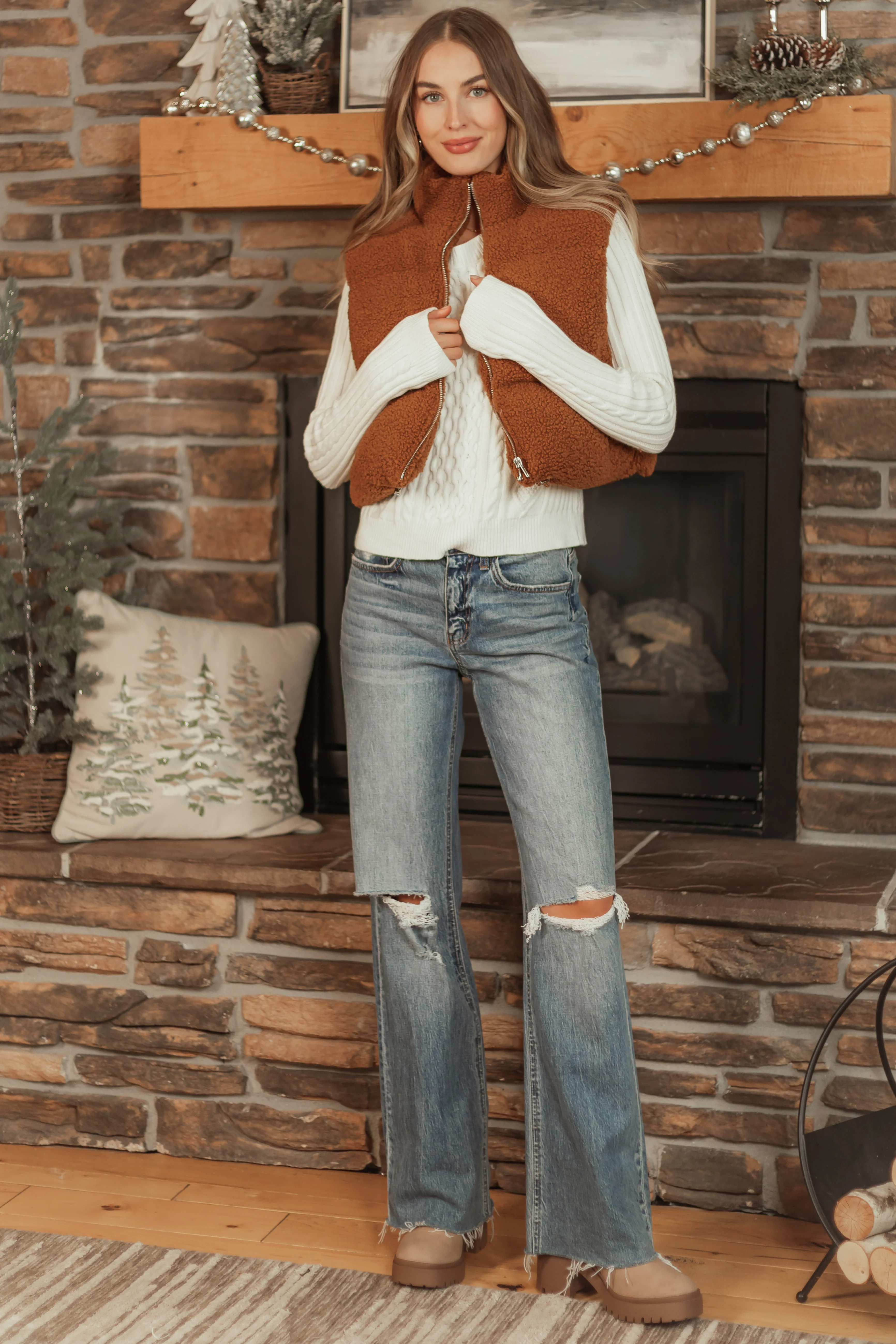 Spice Sherpa Zip Up Collared Puffer Vest - LD SALE