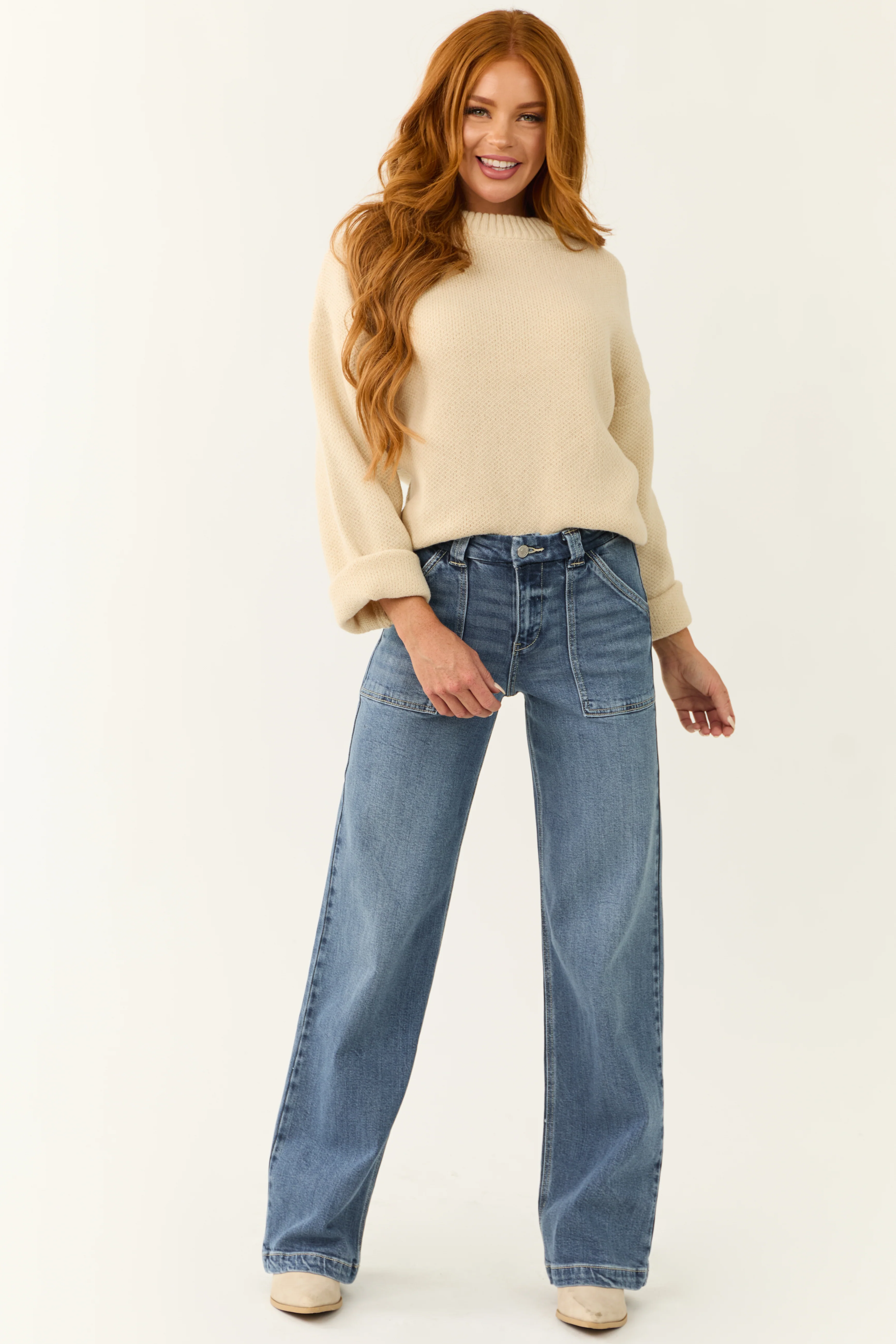 KanCan Medium Wash Wide Leg Slant Pocket Jeans - LD SALE