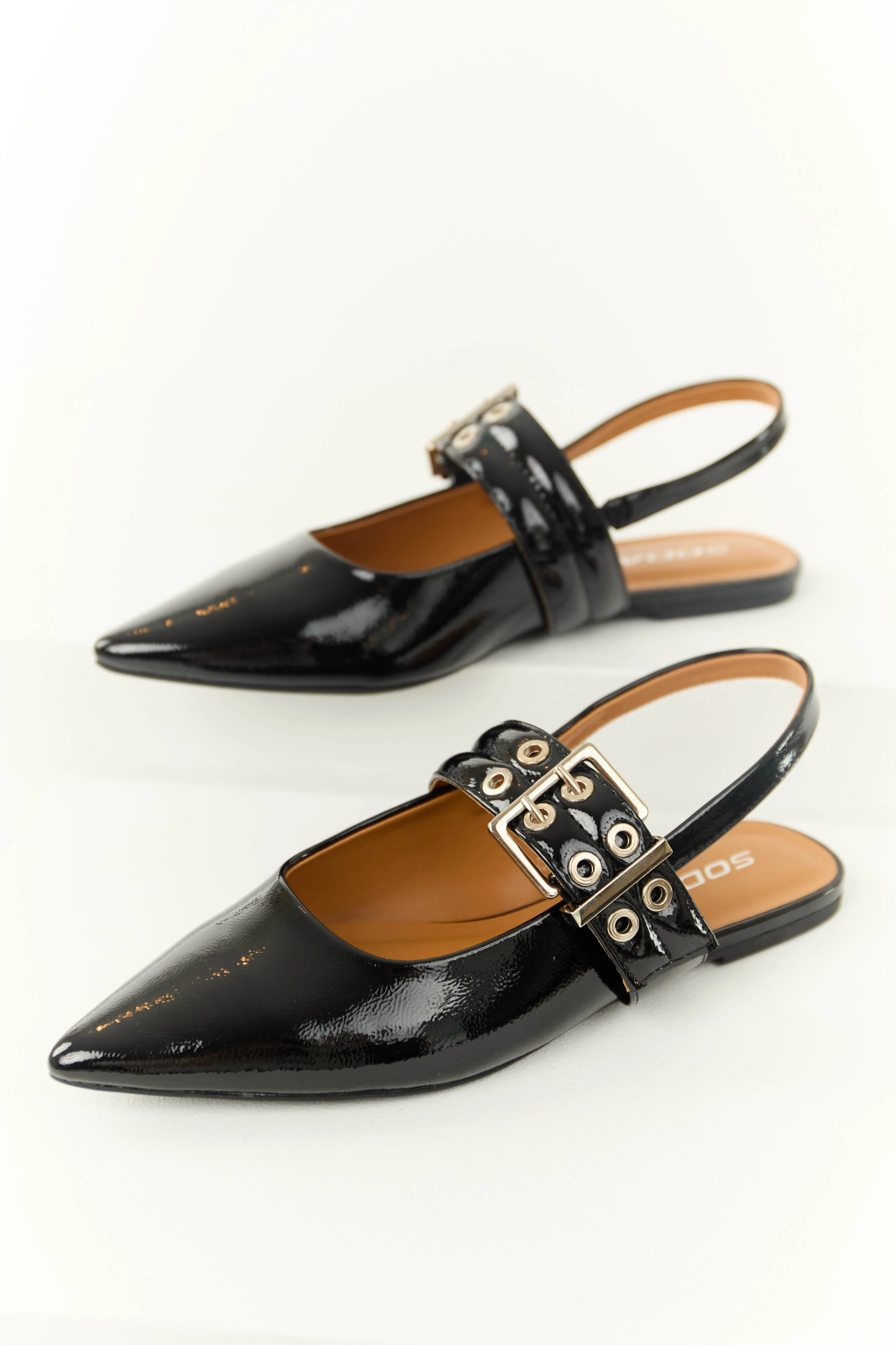 Black Pointed Toe Thick Buckle Strap Flats - LD SALE