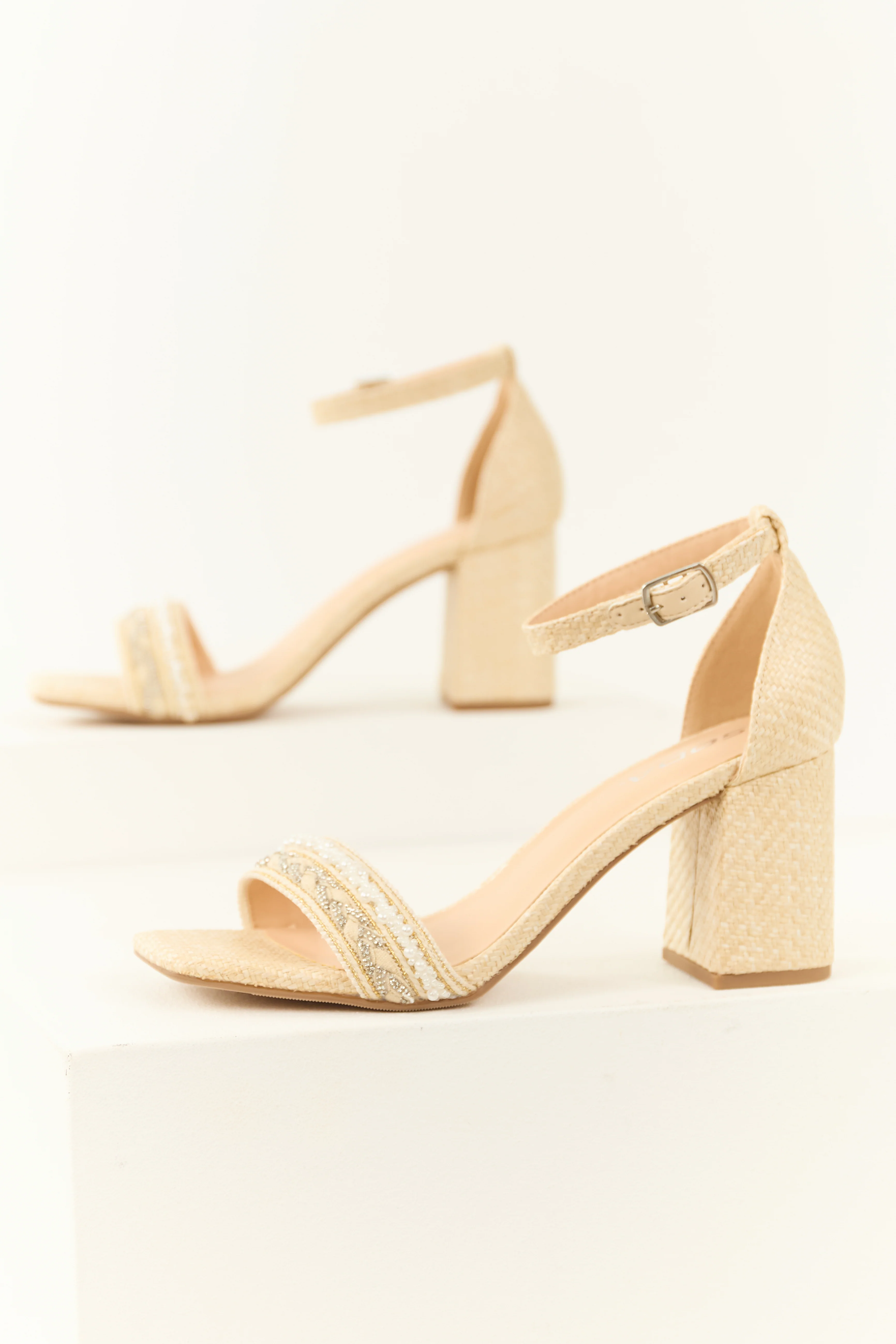 Sand Woven Open Square Toed Rhinestone Heels - LD SALE