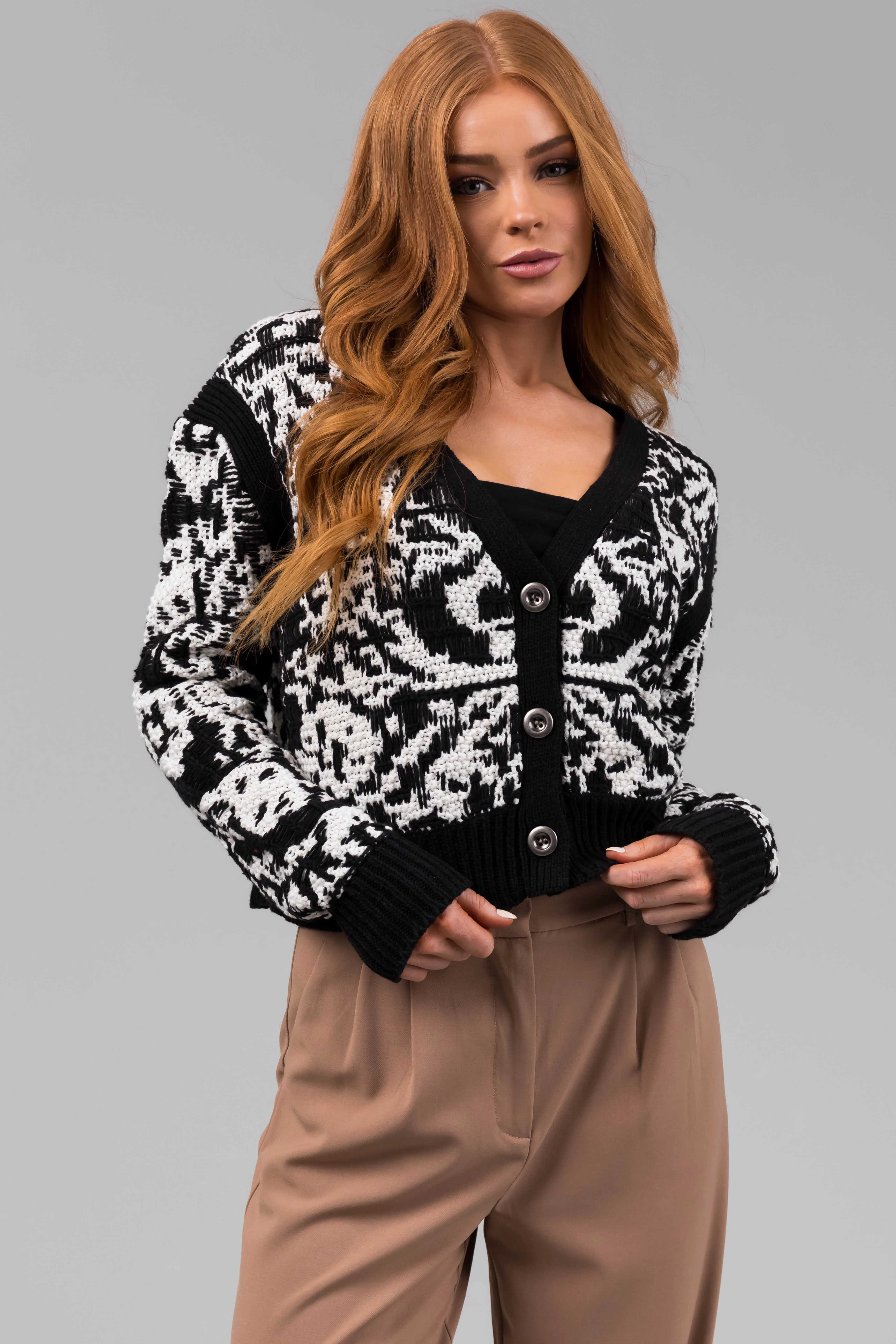 Black Two Tone Slightly Cropped Button Cardigan - LD SALE