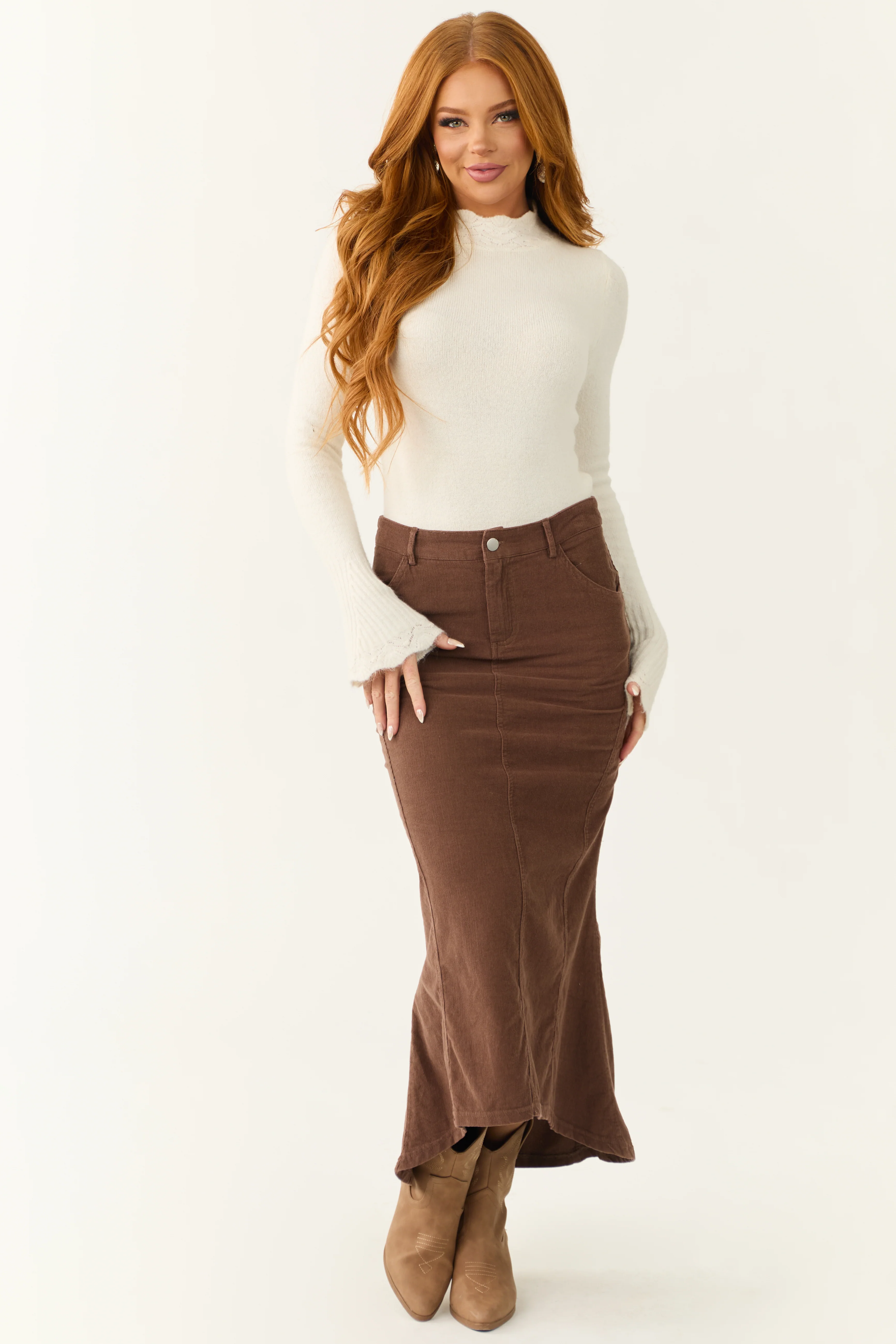 Walnut Corduroy Zip Up Flared Midi Skirt - LD SALE