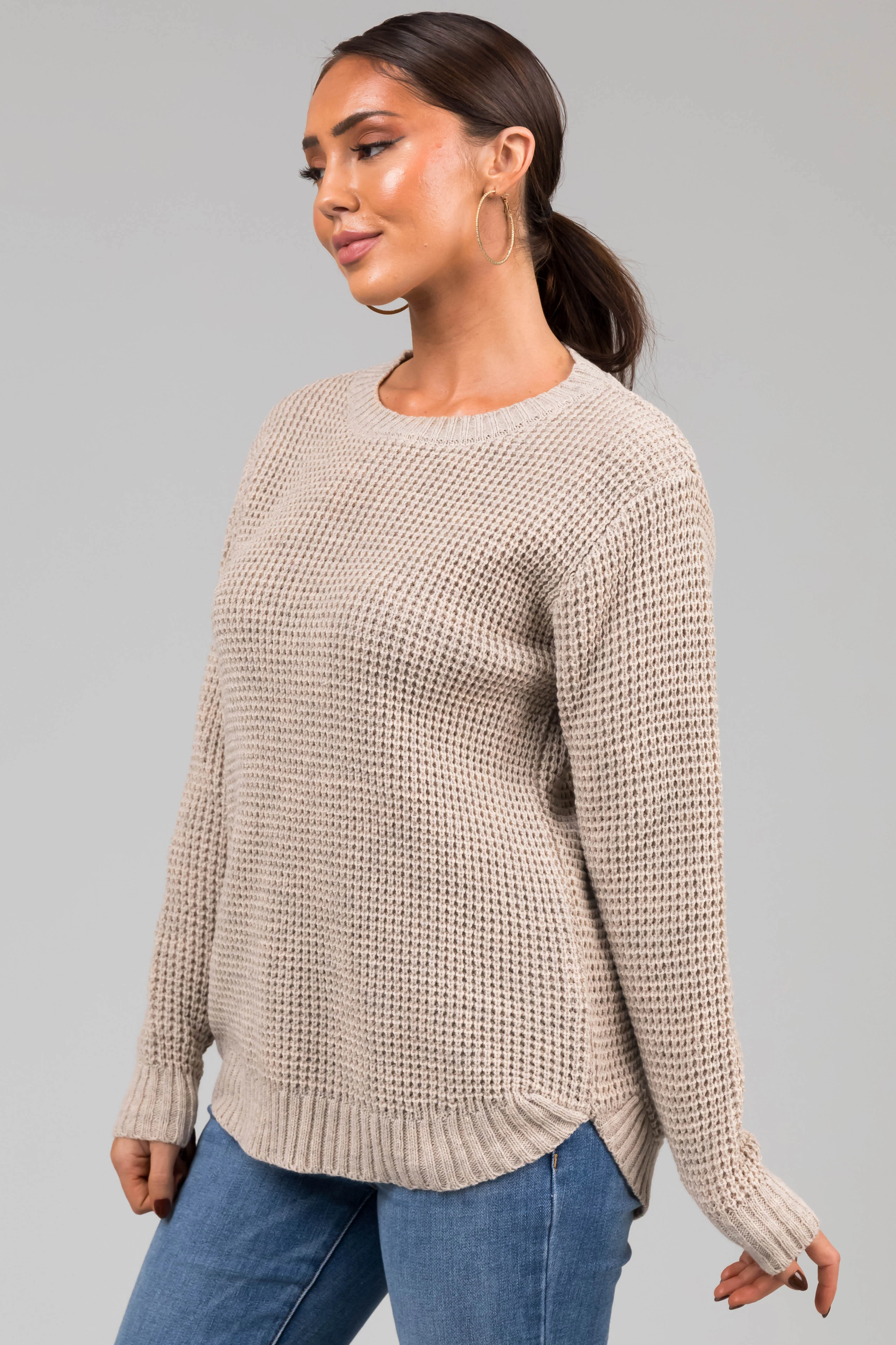 Oatmeal Thick Waffle Knit Curved Hem Sweater - LD SALE