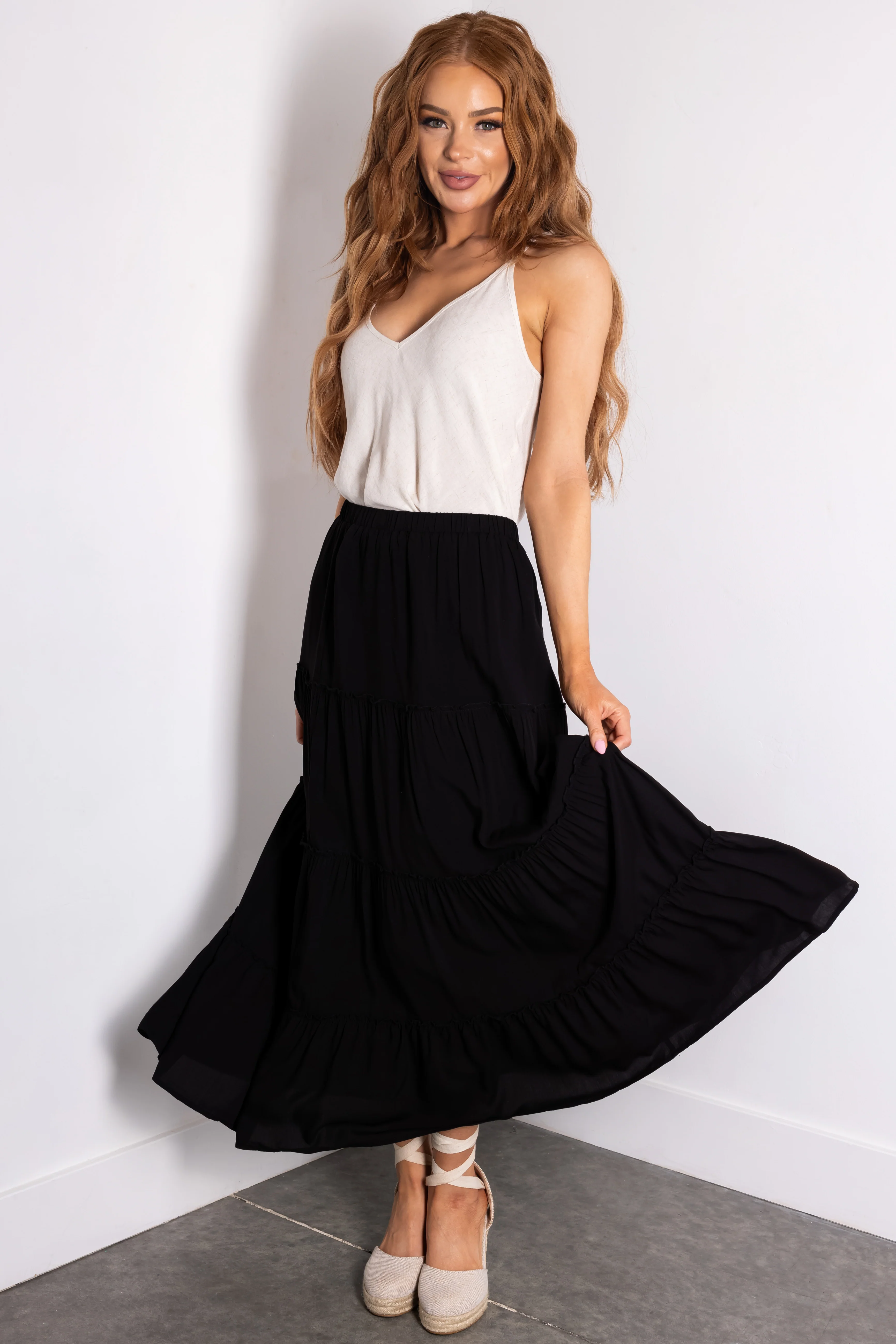 Black Tiered Elastic Waist Woven Maxi Skirt - LD SALE