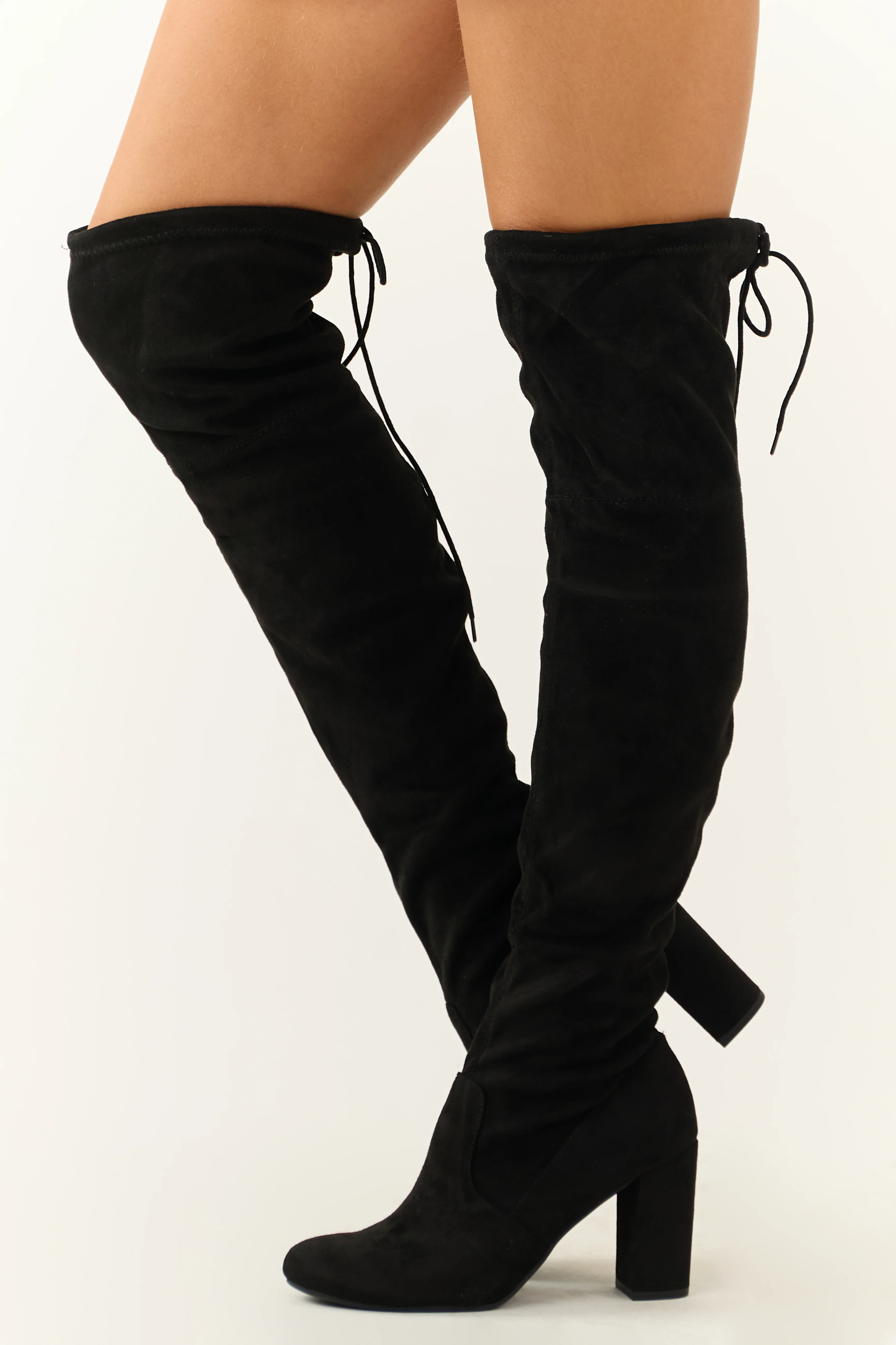 Black Over the Knee Microsuede Drawstring Boots - LD SALE