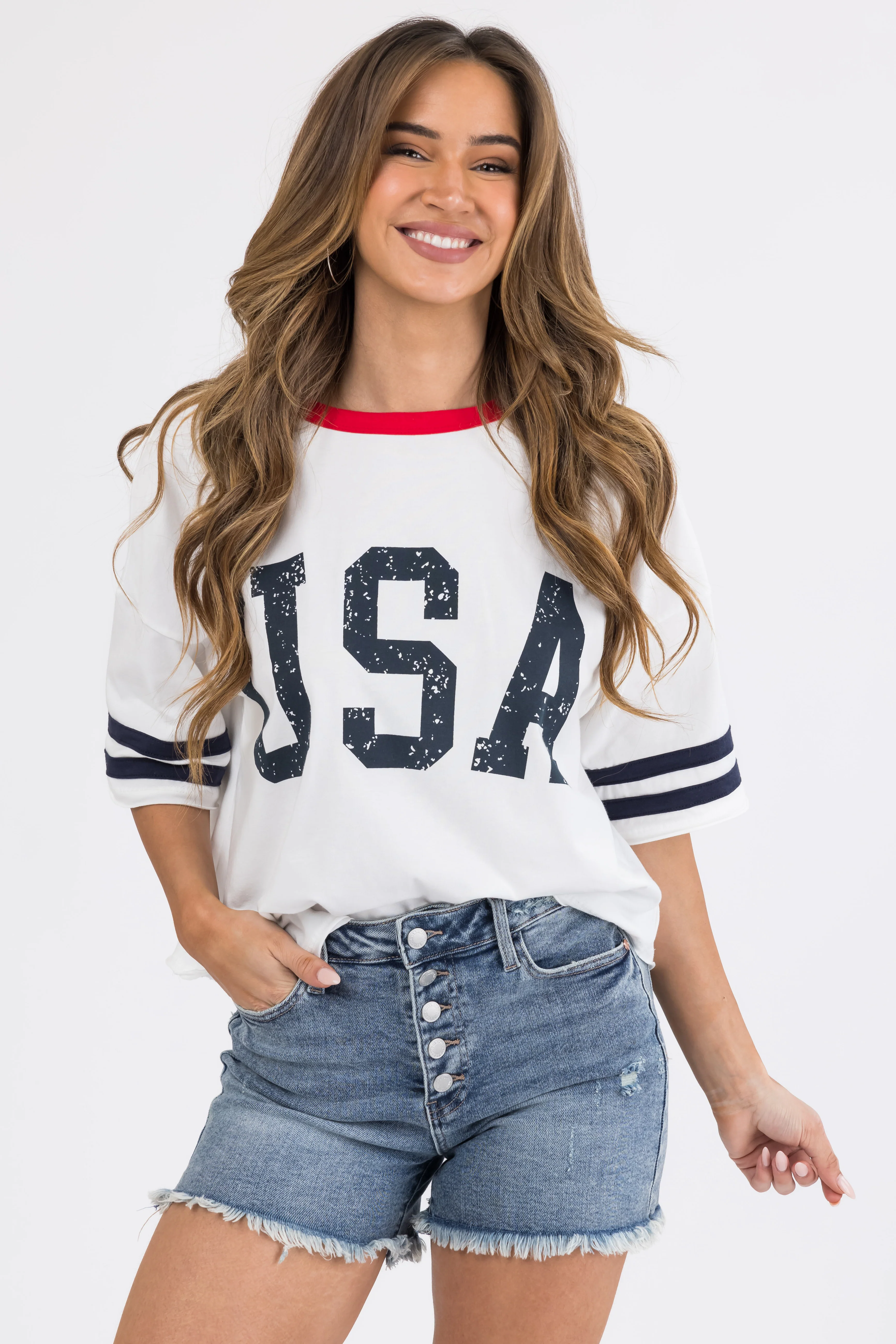 White USA Premium Baseball Ringer Top - LD SALE