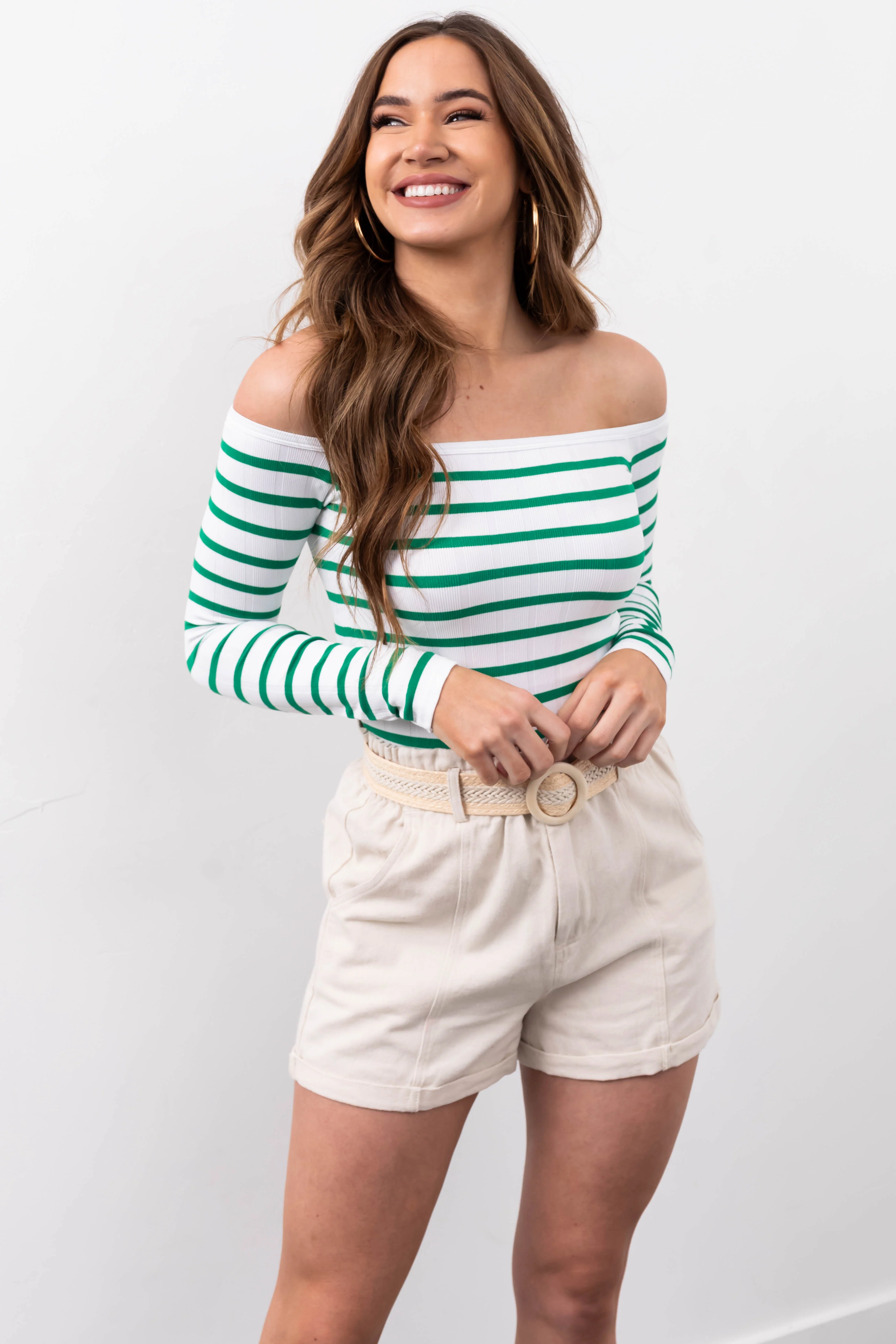 White and Jade Striped Long Sleeve Knit Top - LD SALE