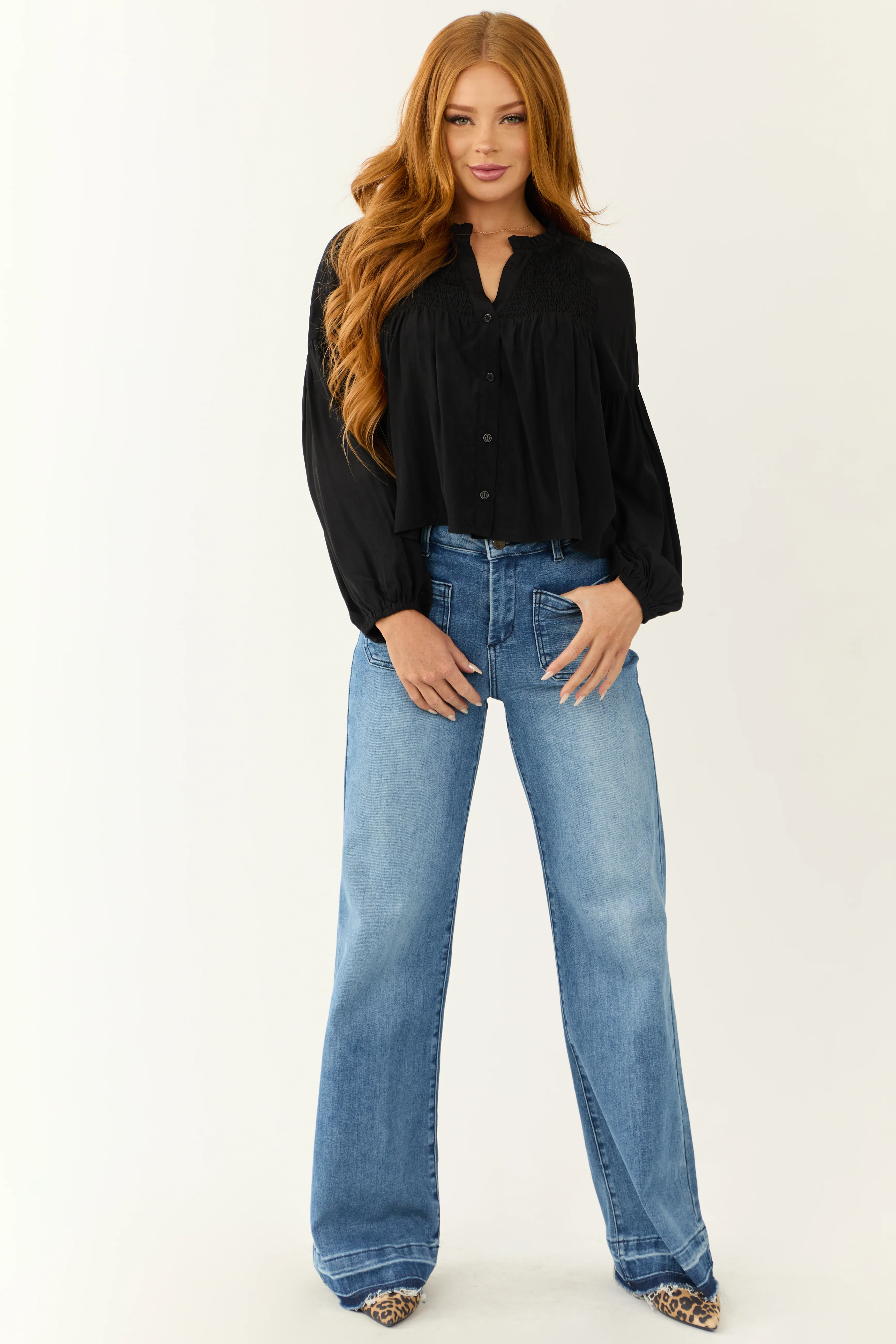 Black Button Up Smocked Yoke Long Sleeve Top - LD SALE