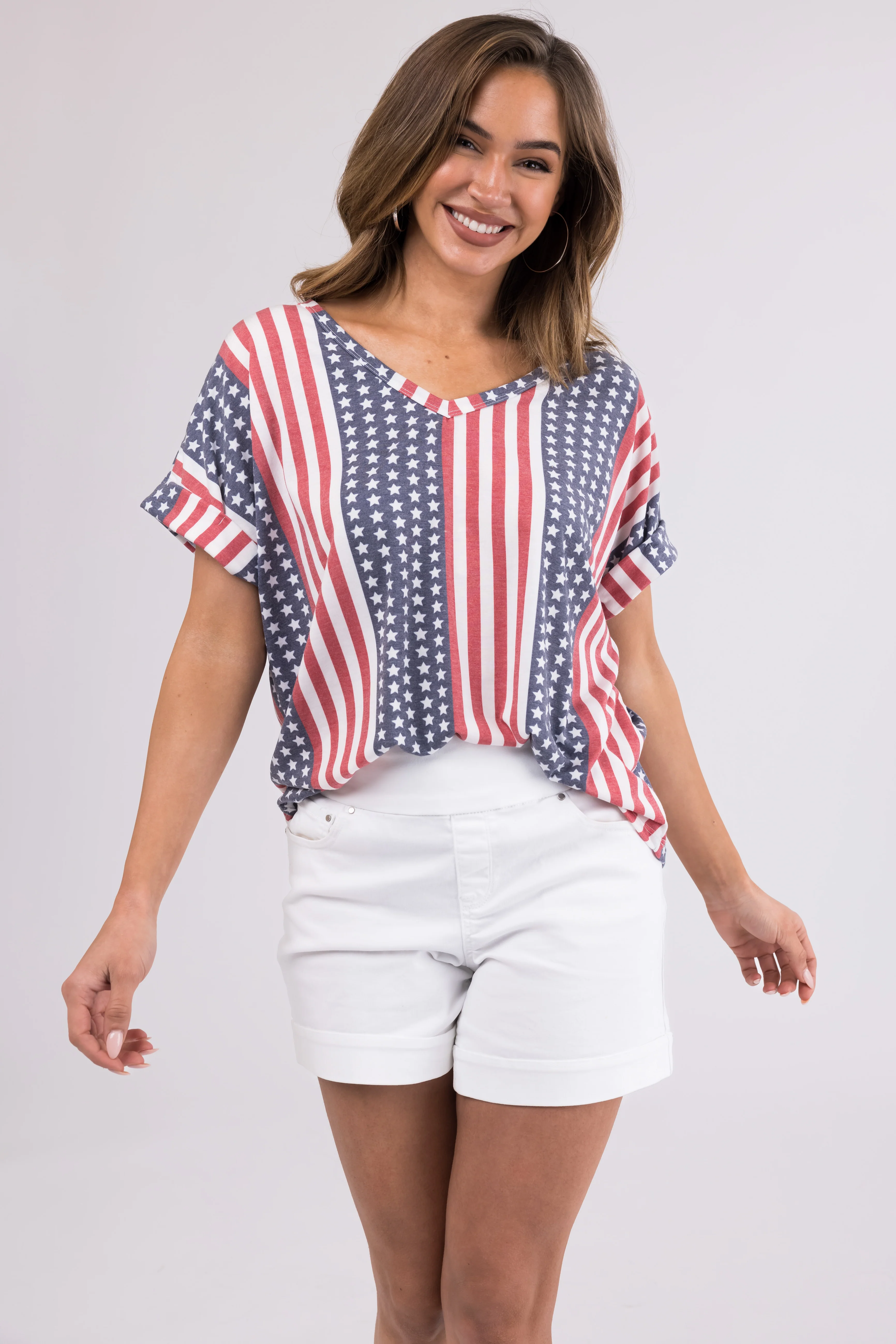 Faded Stars and Stripes V Neck Cuffed Tee Shirt - LD SALE