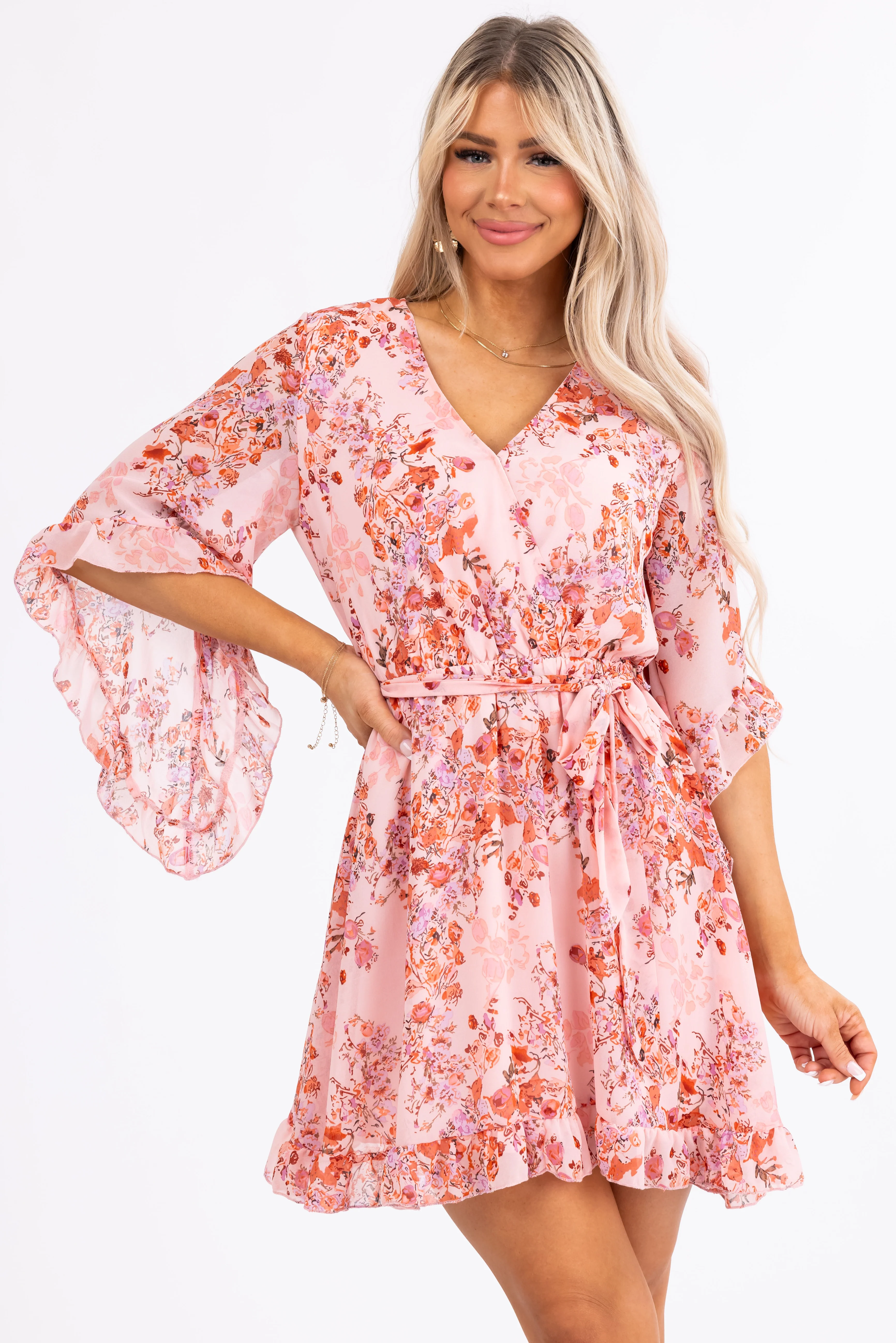 Blush Floral Print Half Sleeve Short Dress - LD SALE